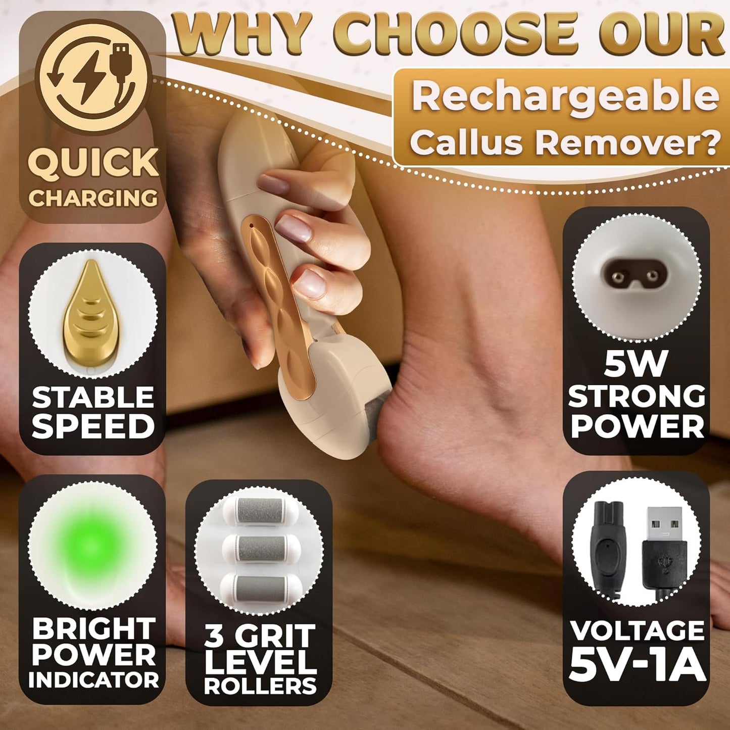 Electric Callus Remover for Feet – 5W Electric Foot Filer, 90-Min Runtime Foot Sander with Fast 2H Charge & 3 Replacement Rollers – Hard Skin Remover for Feet with Ergonomic Handle for Easy Grip