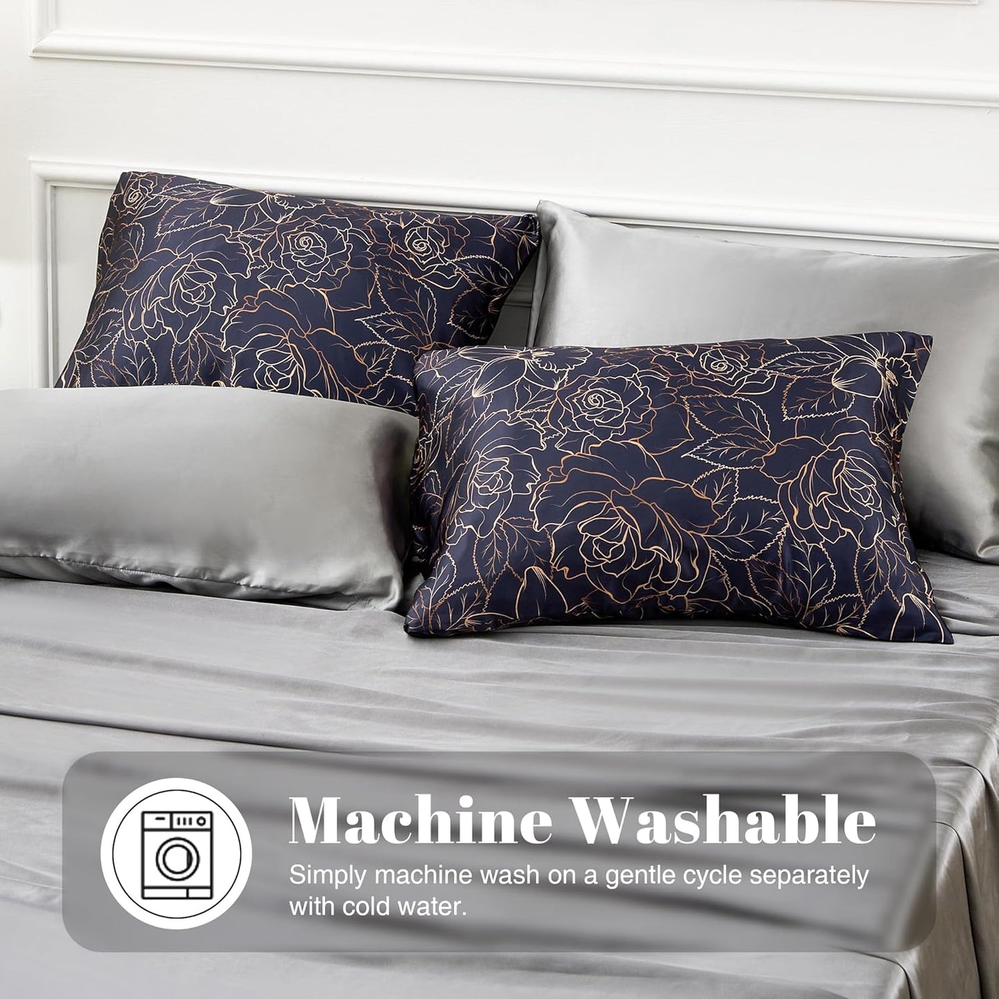 EXQ Home Satin Pillowcase for Hair and Skin Queen - Printed Blue Rose Silk Pillowcase 2 Pack 20x30 inches - Satin Pillow Cases Set of 2 with Envelope Closure, Gifts for Women Men