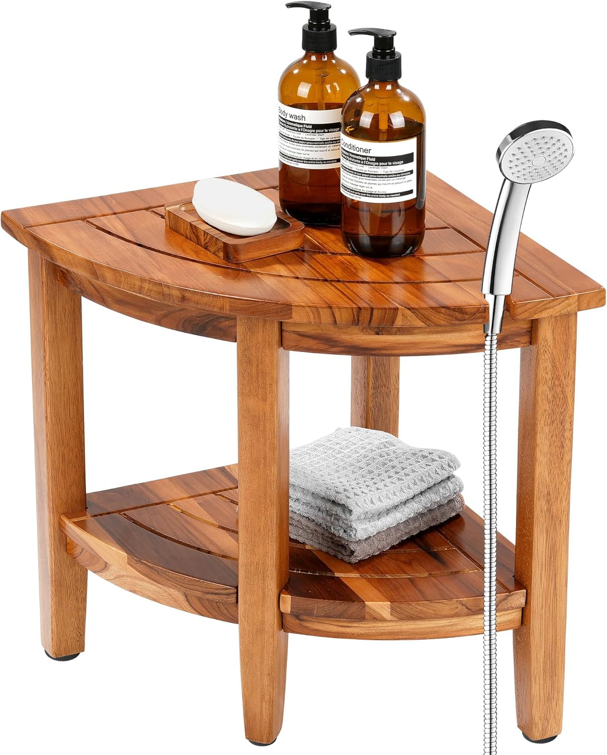 18" Teak Corner Shower Stool, 2-Tier Teak Shower Bench with Storage Shelf, Adjustable Non-Slip Feet, Walnut
