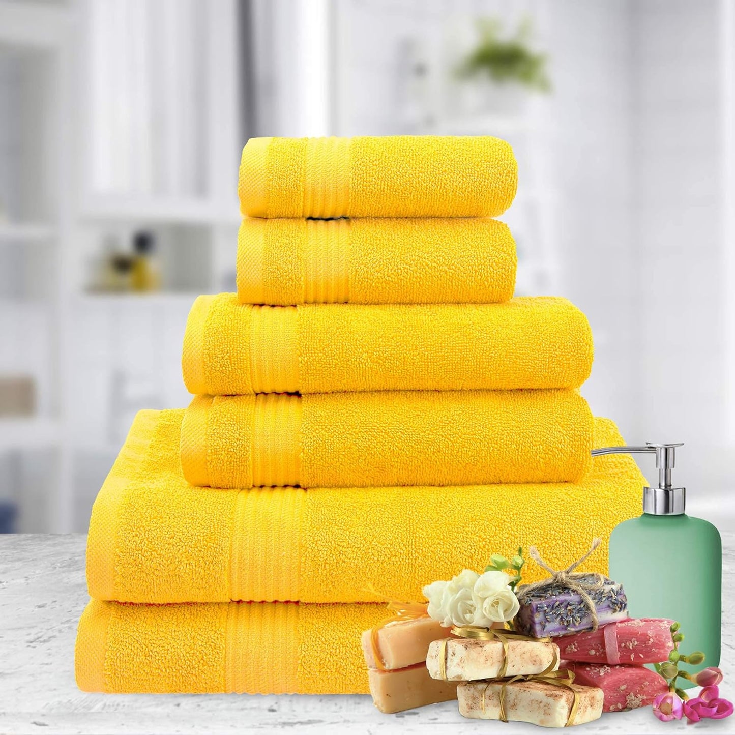 American Veteran Towel, 6 Piece Towel Set for Bathroom, 100% Cotton Turkish Bathroom Towels, 2 Bath Towels 2 Hand Towels 2 Washcloths, Yellow