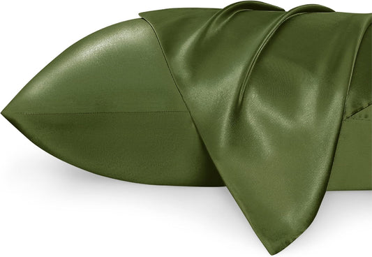 Bedsure Satin Pillowcase for Hair and Skin Queen - Olive Green Silky Pillowcase 2 Pack with Envelope Closure, Similar to Silk Pillow Cases, Gifts for Women Men, 20x30 Inches, 2pcs