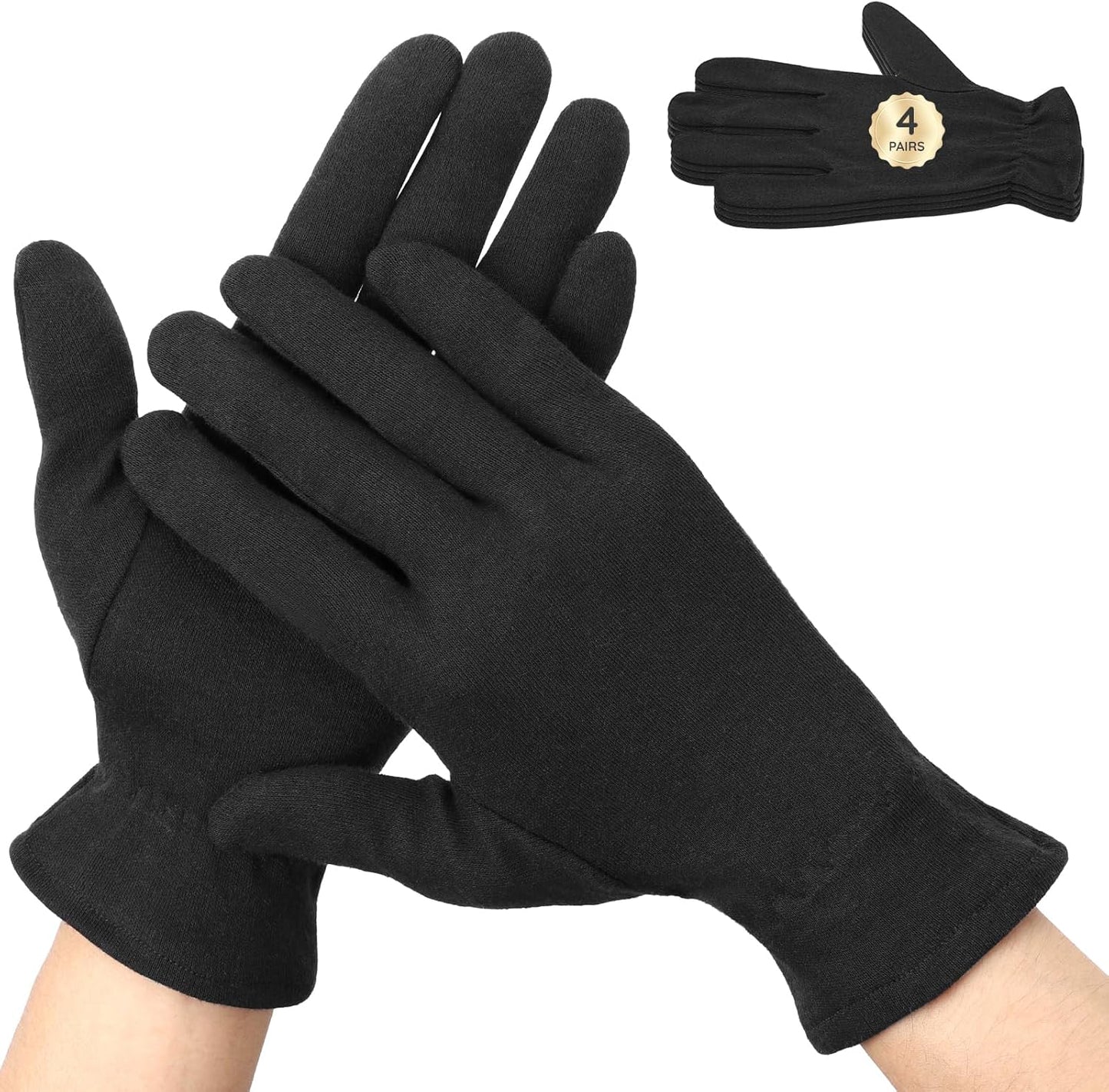 Segbeauty 8 Counts Black Cotton Gloves Overnight with Elastic Band, 4 Pairs Skin Lotion Moisturizing Hand Cotton Gloves for Men, at Home Spa Gel Moisture Glove for Working, Soft Sleep Lotion Glove