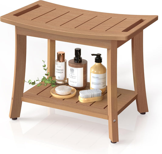 HIPS Shower Benches for Inside Shower, Waterproof Shower Stool with Storage Shelf & Adjustable Feet, SPA Bathroom Seat Chair for Shaving Legs, Indoor or Outdoor Use, Teak