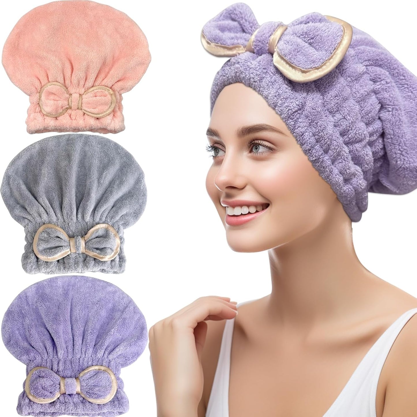 Jseng 3Packs Microfiber Hair Towel for Women - Quick-Drying, Super Absorbent Hair Wrap with Bow Design, Soft Hair Towel Turban for Curly Long Wet Hair