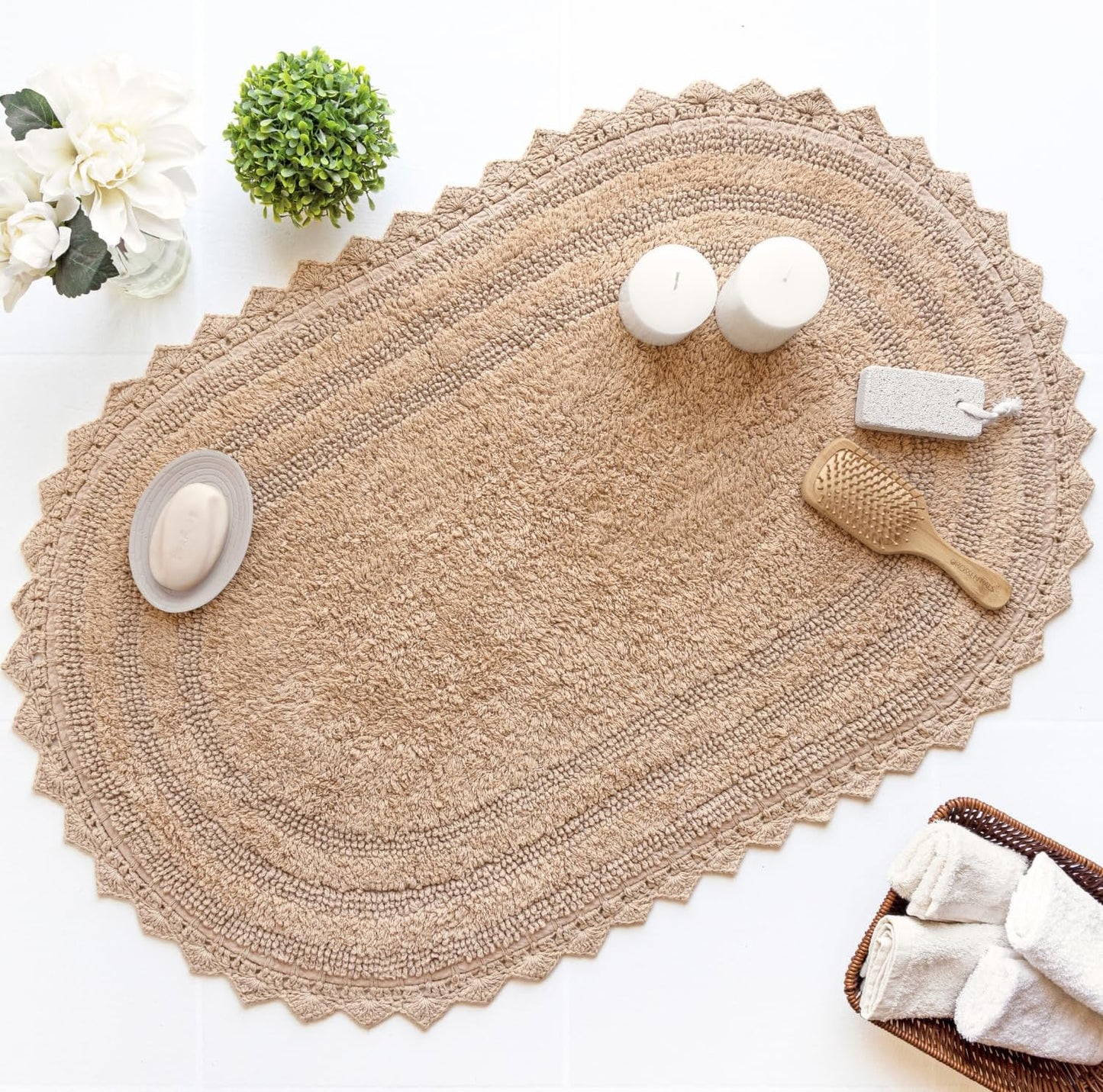 RAJRANG Bath Rug for Bathroom Kitchen and Spa with Crochet Pattern Cotton Luxury Absorbent Soft Reversible Boho Bath Mat Sand Oval 24x17 Inches
