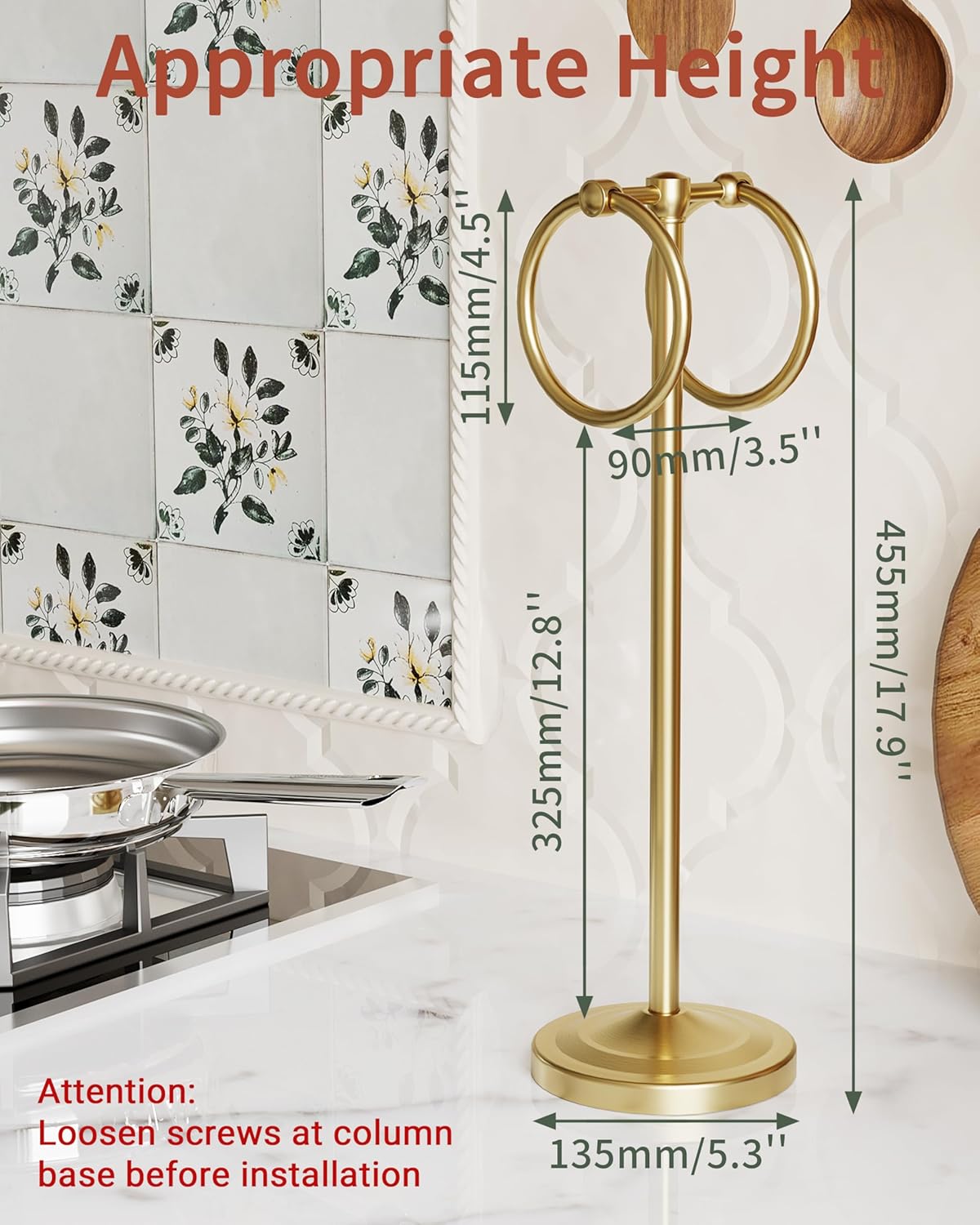 Hand Towel Holder Stand, SUS304 Stainless Steel Weighted Hand Towel Stand for Bathroom Kitchen Countertop Towel Stand with Double Stand Hand Towel Ring Total Height 18"(Brushed Gold)