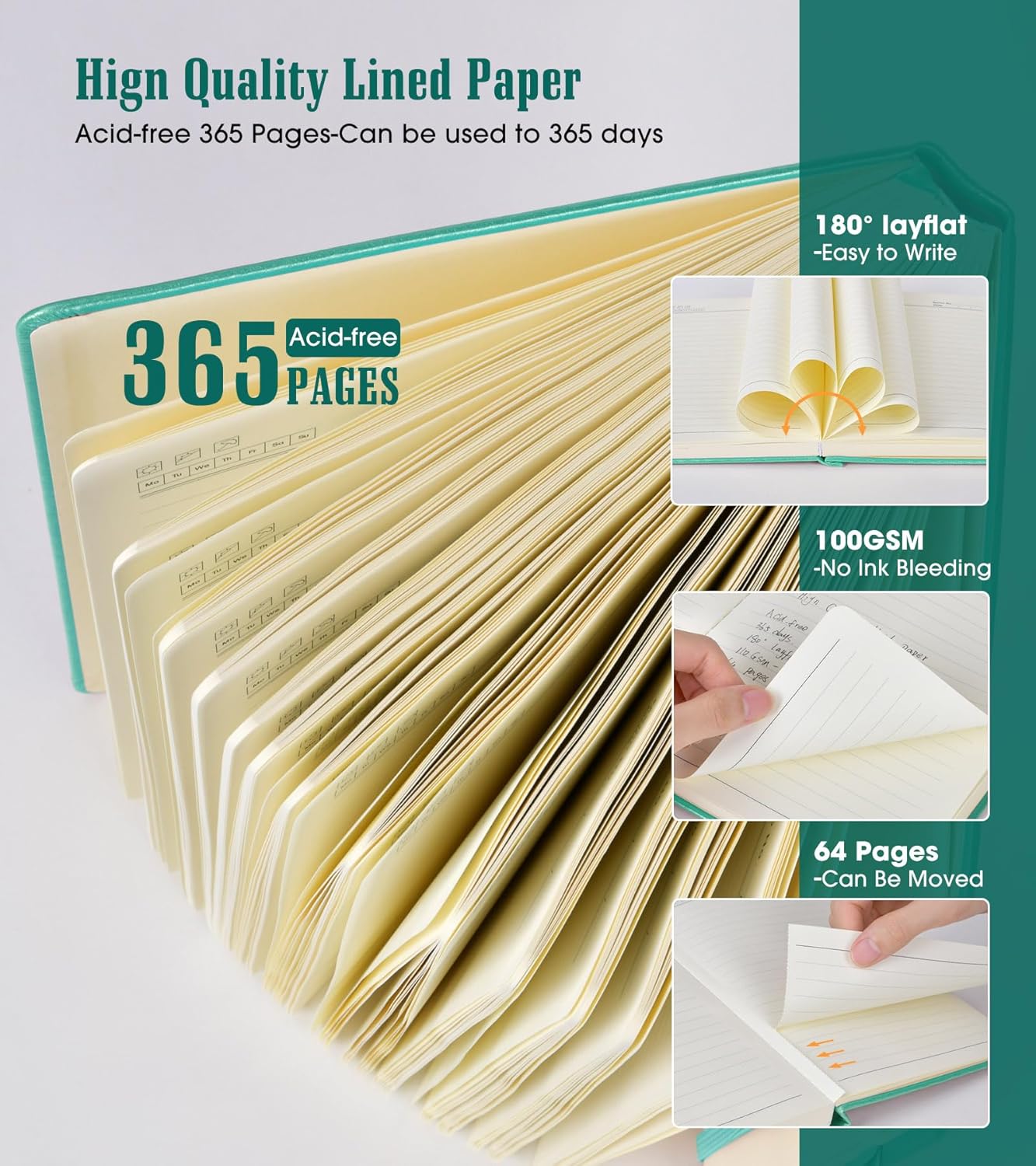 Lined Journal Notebook, 365 Pages B5 Large Journals for Writing Ruled Notebook, Hardcover Leather Journal for Women Men, Daily Notebook for Work, Note Taking, 100Gsm Thick Paper( 7.6'' X 10'' Teal)
