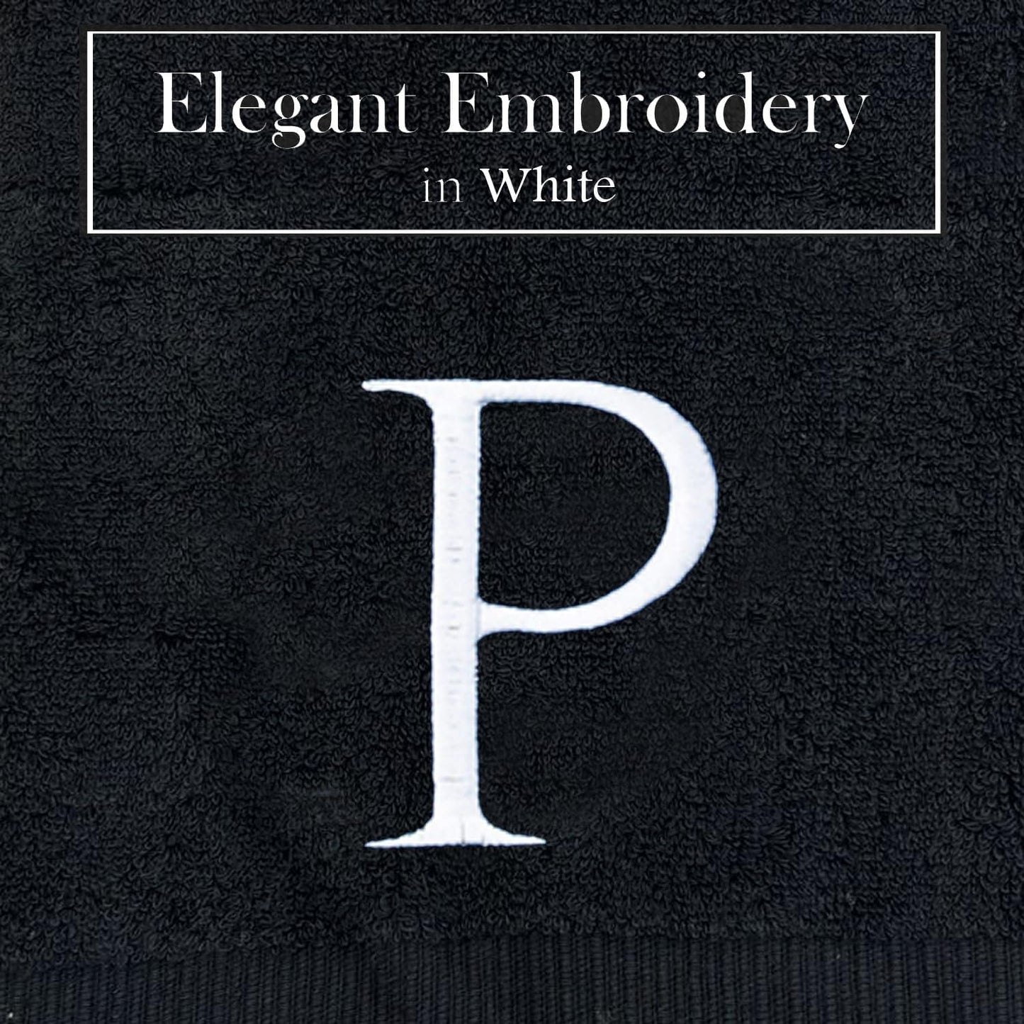 Black Monogrammed Hand Towel for Bathroom - Initial Hotel Quality Decorative Embroidered Luxury Towel for Powder Room, Spa - GOTS Organic Certified - Set of 2 White Letter P