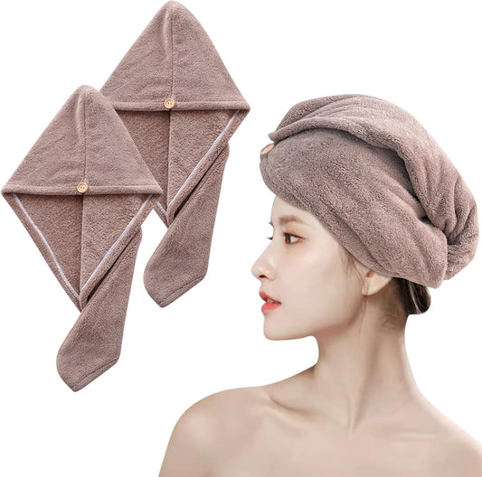 2 Pack Microfiber Hair Towel,Quick Dry Hair Towel Turbie Wrap for Women Kids,Super Absorbent Fast Head Wraps Drying Towel with Button for Wet Curly Hair(Coffee 25.6x9.8 Inch)