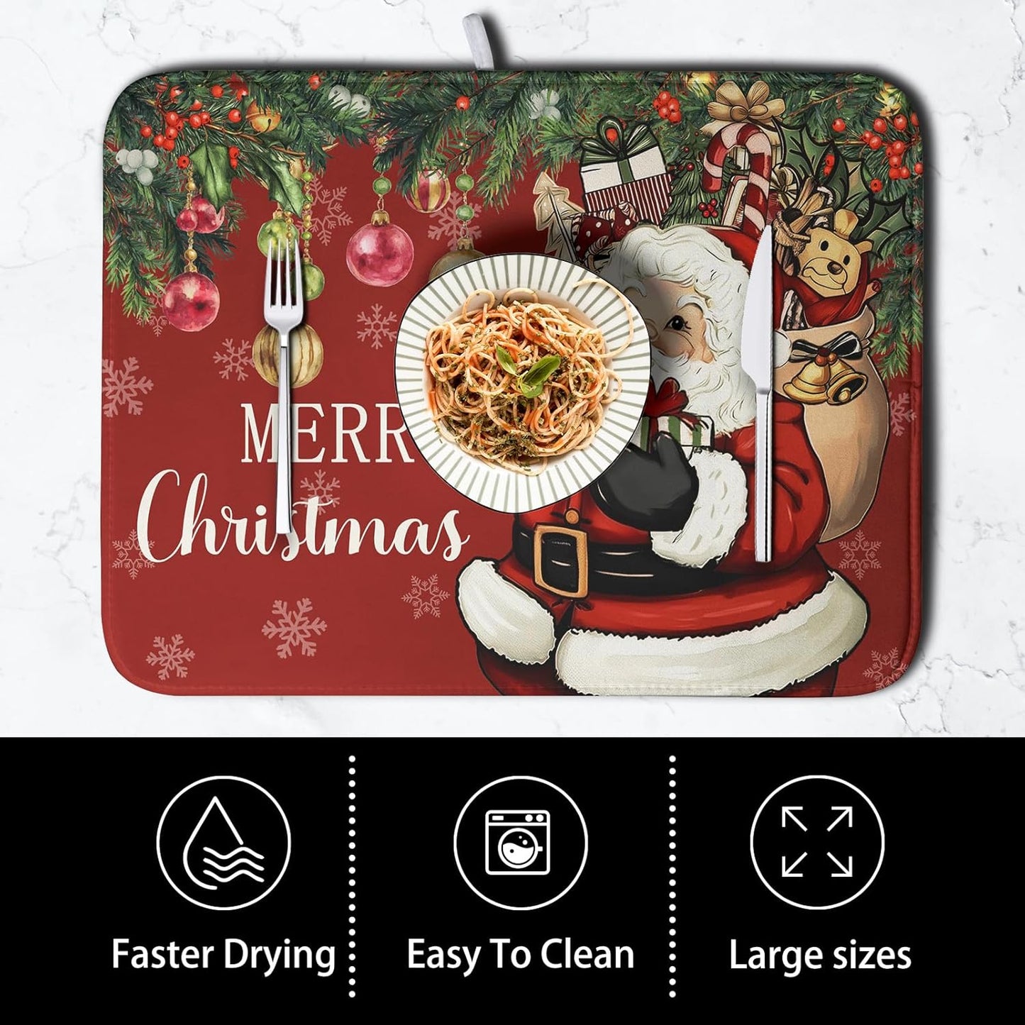 Merry Christmas Dish Drying Mat Santa Claus Kitchen Drainer Mats Microfiber Absorbent Winter Xmas Holiday Dishes Pad Reusable Dish Rack Mat for Countertop Tableware Decor 16x18 Inch