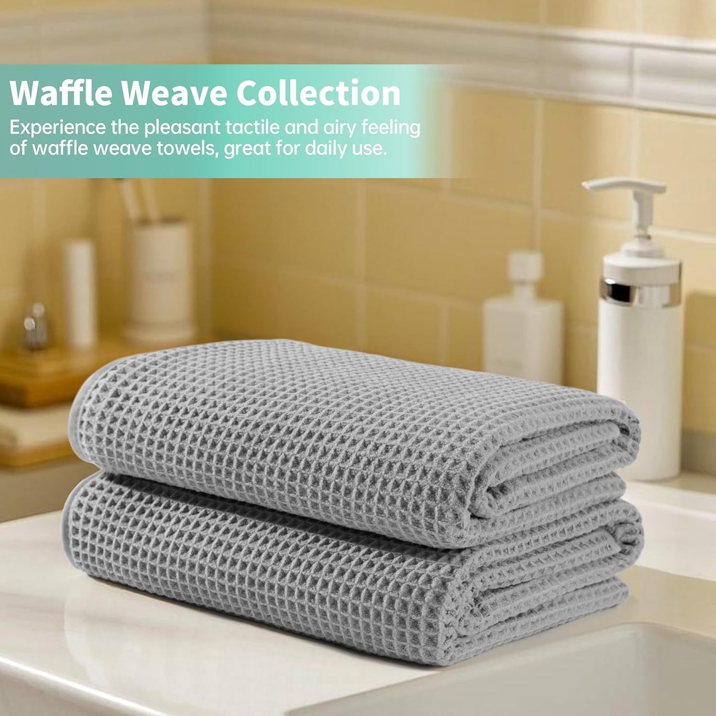 New Microfiber Waffle Bath Towels, 2 Pieces, Oversized, Soft, Absorbent, Fast Drying, Lint Free (Silver)