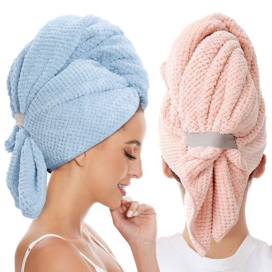 2 Pack Large Microfiber Hair Towel Wrap for Women, Anti Frizz Hair Drying Towels, Fast Dry Hair Turban - for Wet, Long, Thick, Curly Hair - Super Absorbent Soft Towels (Blue & Pink)
