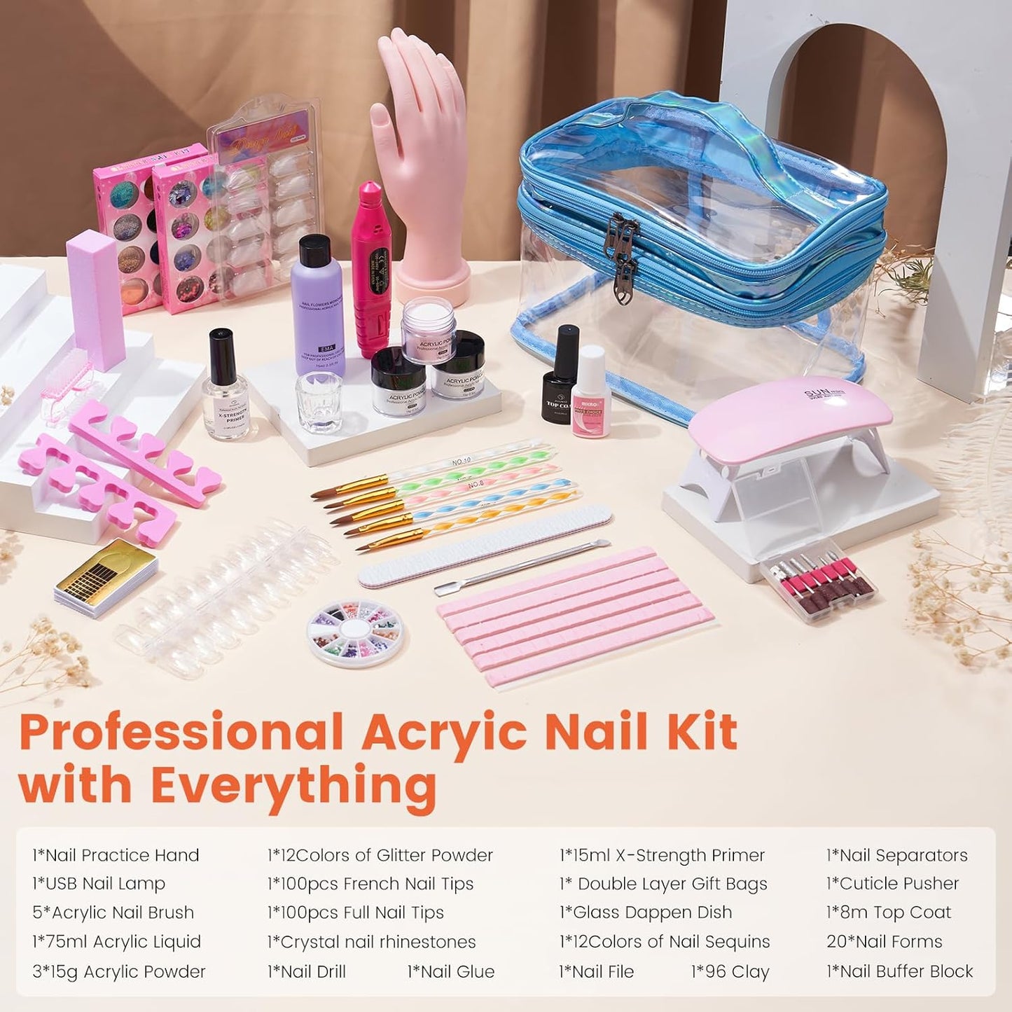 Nail Kit for Beginners with Everything: Practice Nail Hand Acrylic Nail Powder Liquid Set with U V Lamp Drill in Gift Bag for Home Salon(Blue Bag)