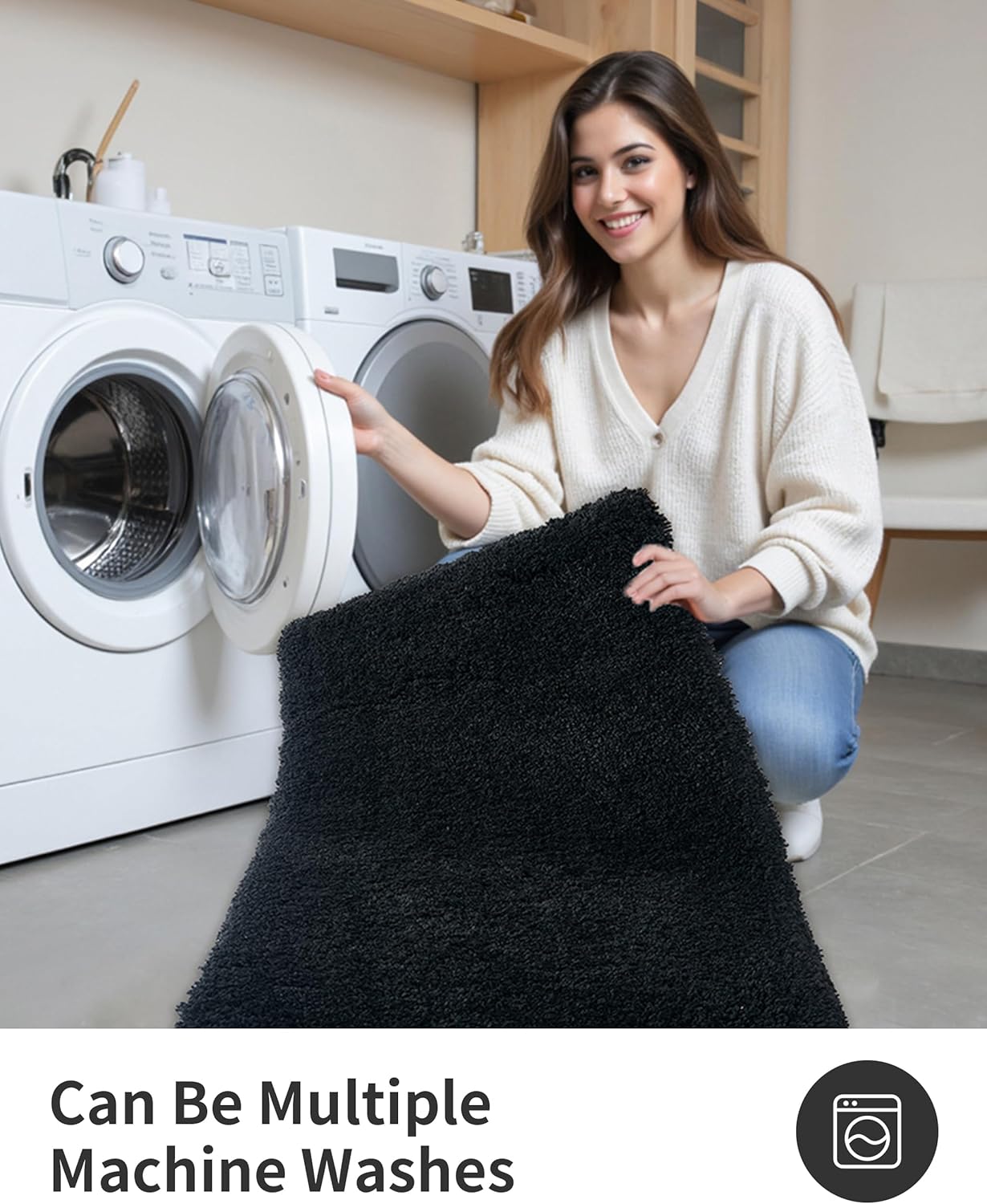 ILANGO Black Bathroom Rugs 60" × 24" Non Slip & Super Absorbent Thick Soft, Washable Bath Carpet Runner for Floor, Microfiber Plush Shaggy Bath Mats with Rubber for Bedroom Bathtub Shower Room