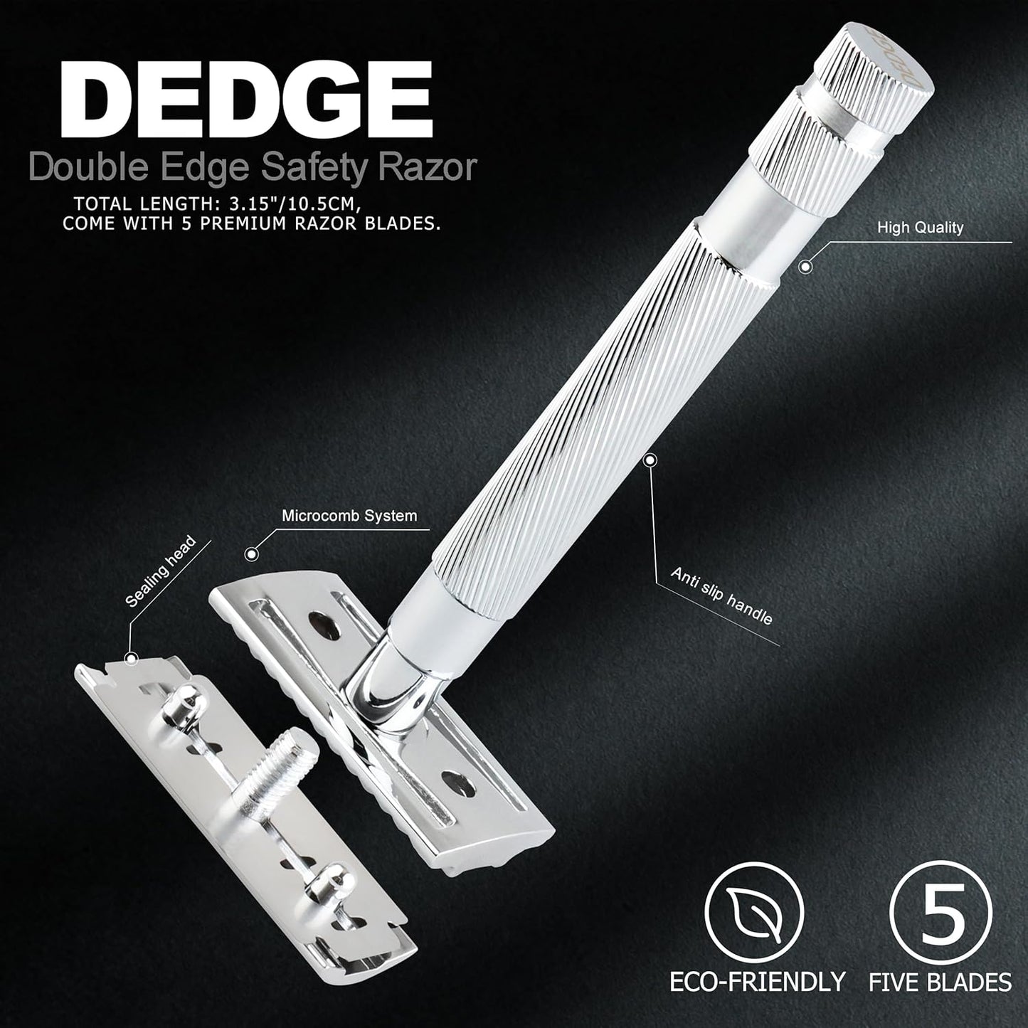 DEDGE Classic Double Edge Safety Razor Single Blade Razor For Men, Reusable Razor, with 5 Premium Razor Blades -Chrome