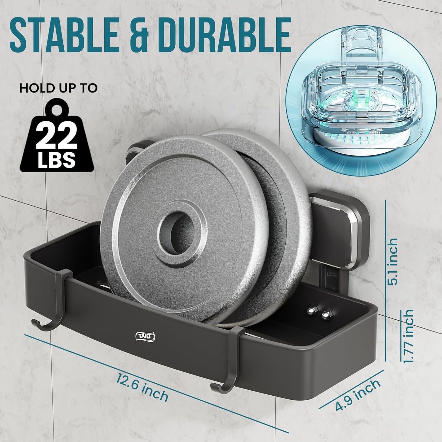 TAILI Shower Caddy Suction Cup, Heavy Duty Shower Organizer for Bathroom, Removable Shelves for Inside Shower, Wall Mounted Aluminum Storage for Bathroom Holder, Dark Gray