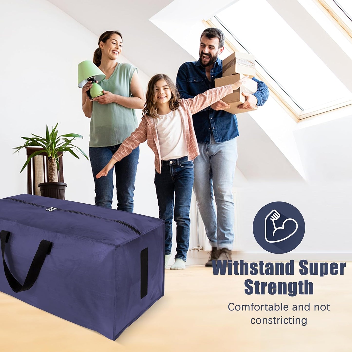 4 Pack Large Strong Moving Bags with Zippers & Carrying Handles - Water-Resistant - Heavy Duty Storage Tote for Space Saving, Fold Flat, Alternative to Moving Box (Blue)