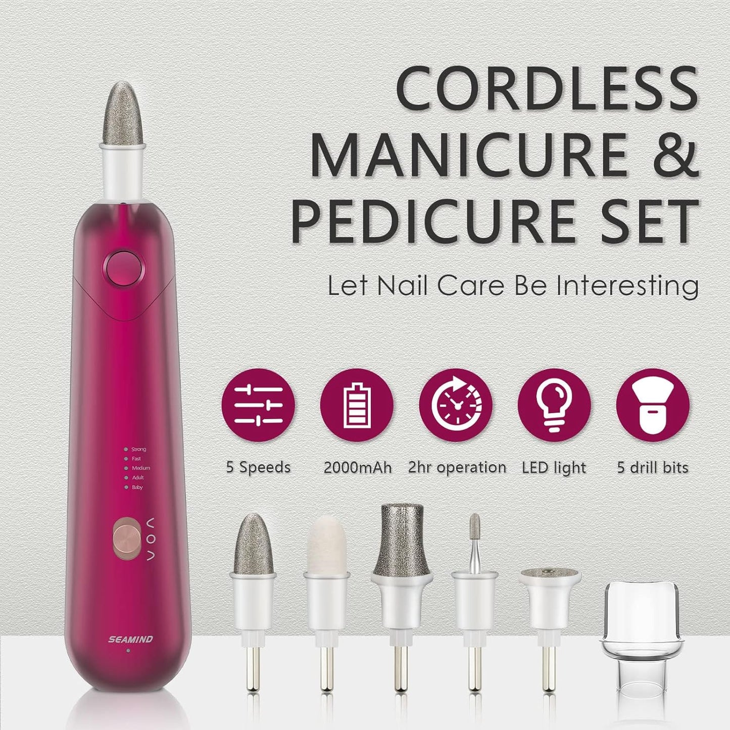 Professional Manicure Pedicure Set - Cordless Electric Foot Nail Care Trimmer Buffer Tools - 5 Speeds, Rechargeable, Thick Nails (Red)
