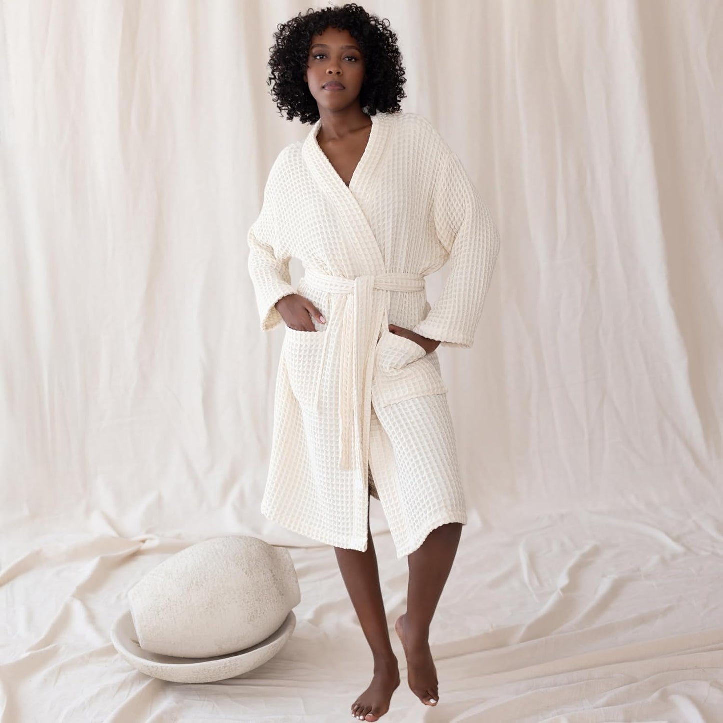 Womens Kimono Waffle Robe - Lightweight 100% Turkish Cotton Housecoat for All-Day Lounging - Bathrobe for Shower
