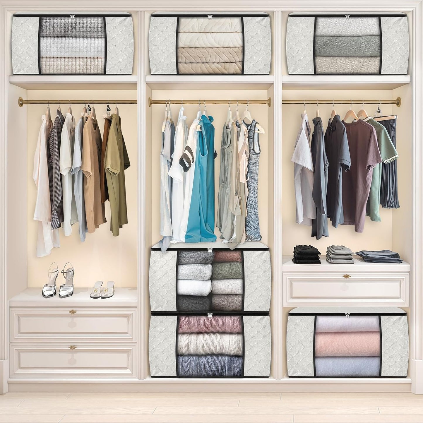 Fab totes 6 Pack Clothes Storage, Foldable Thick Fabric Blanket Storage Bags, Containers for Organizing Bedroom, Closet, Clothing, Comforter, Organization with Handle,Ivory White