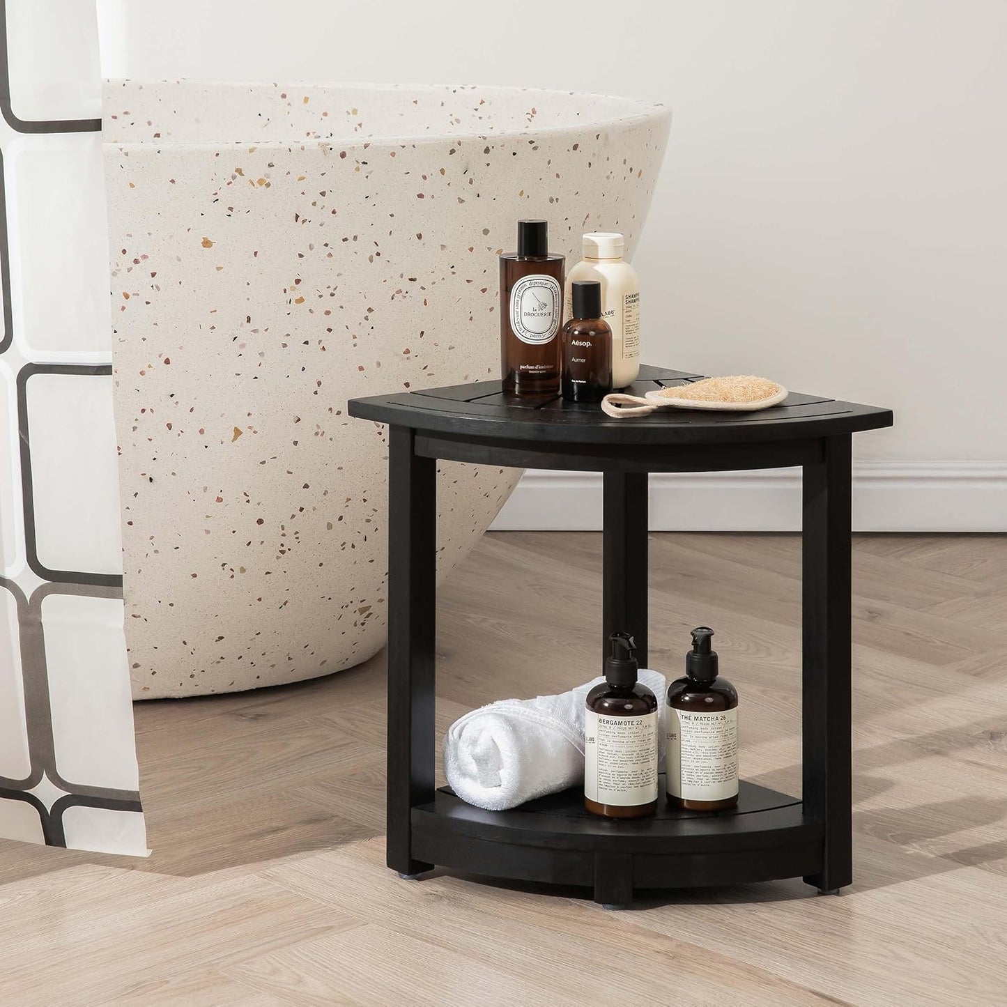 Acacia Corner Shower Stool, Waterproof Spa Foot Rest & Bath Bench with Storage Shelf & Soap Dish, Ideal for Bathroom, Shaving Legs, or as Small Corner Table/Step Stool (Black)