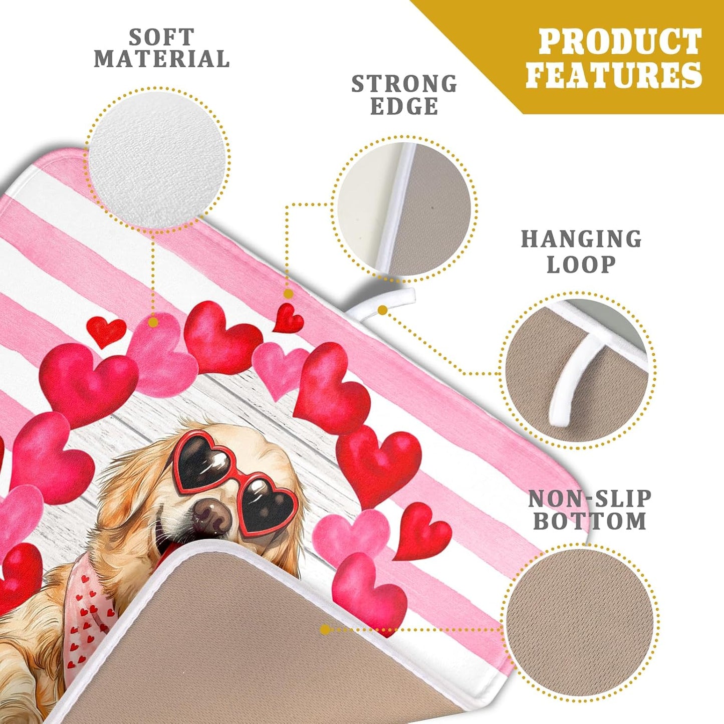 Valentine's Day Dog Dish Drying Mat for Kitchen Counter 16x18 inch Heart Rose Absorbent Dish Drainer Rack Mats for Coffee Bar Countertop