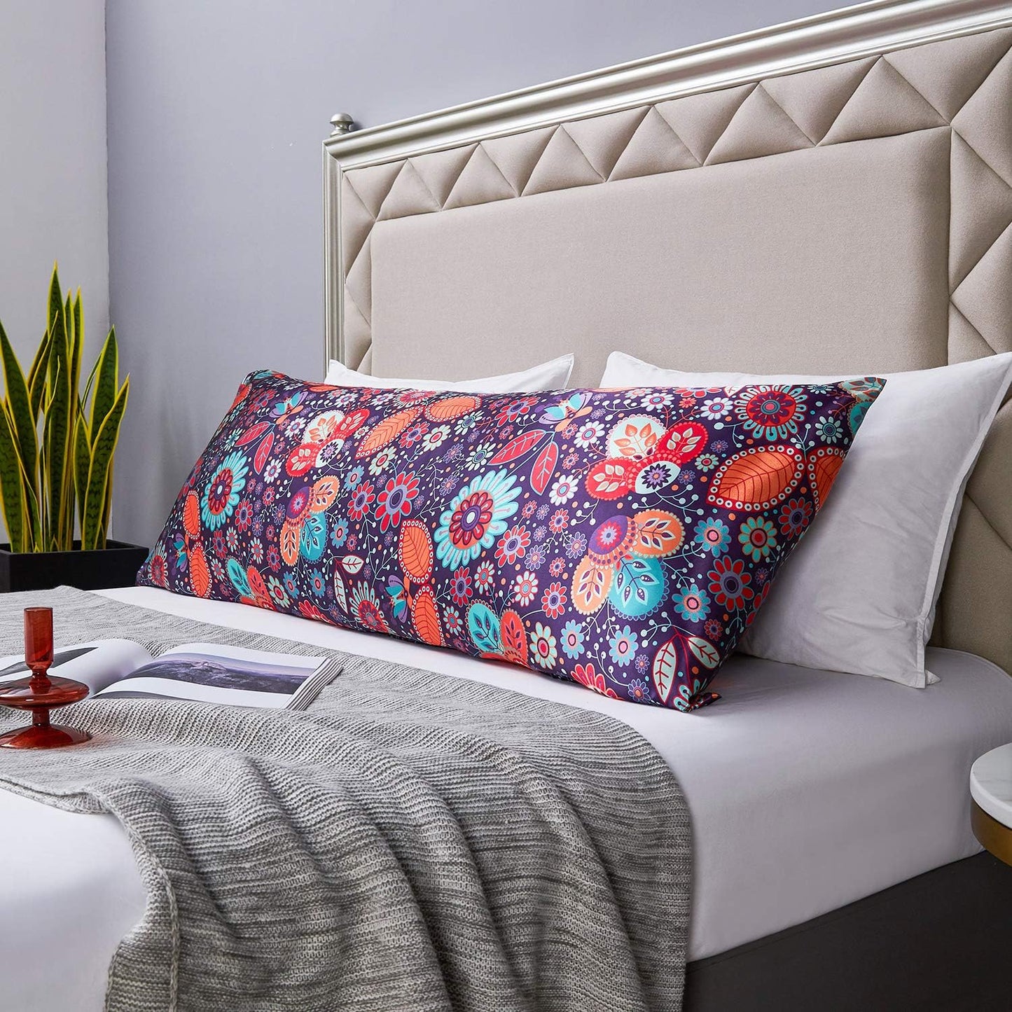 MR&HM Satin Body Pillow Cover, Soft and Breathable Body Pillow Case with Envelope Closure, Cooling and Silky Long Pillowcase for Hair and Skin,Grey (20x54, Sunflower)