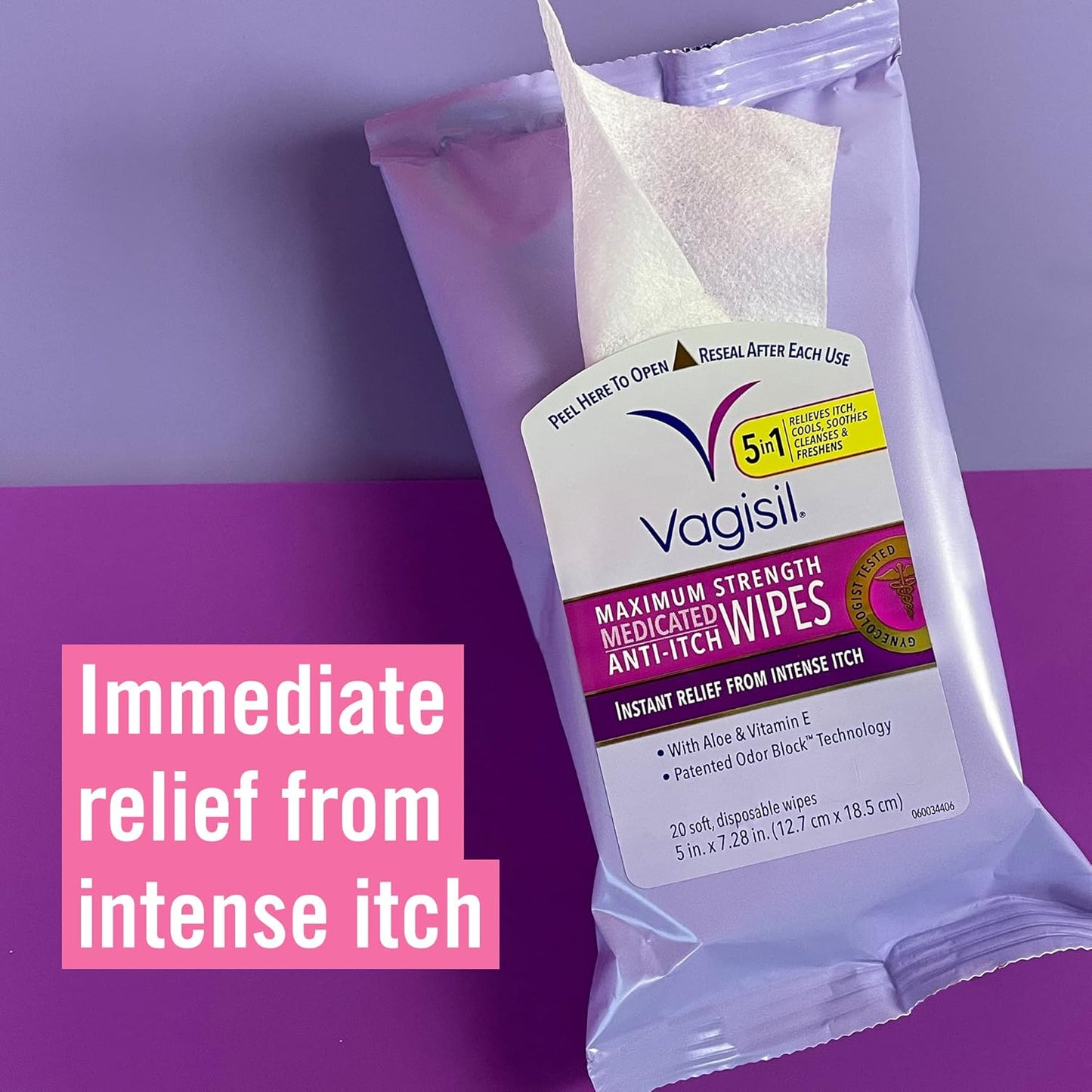 Vagisil Wipes, Anti-Itch Medicated Feminine Vaginal Wipes, Maximum Strength, Instant Relief, 20 Wipes (Pack of 1)
