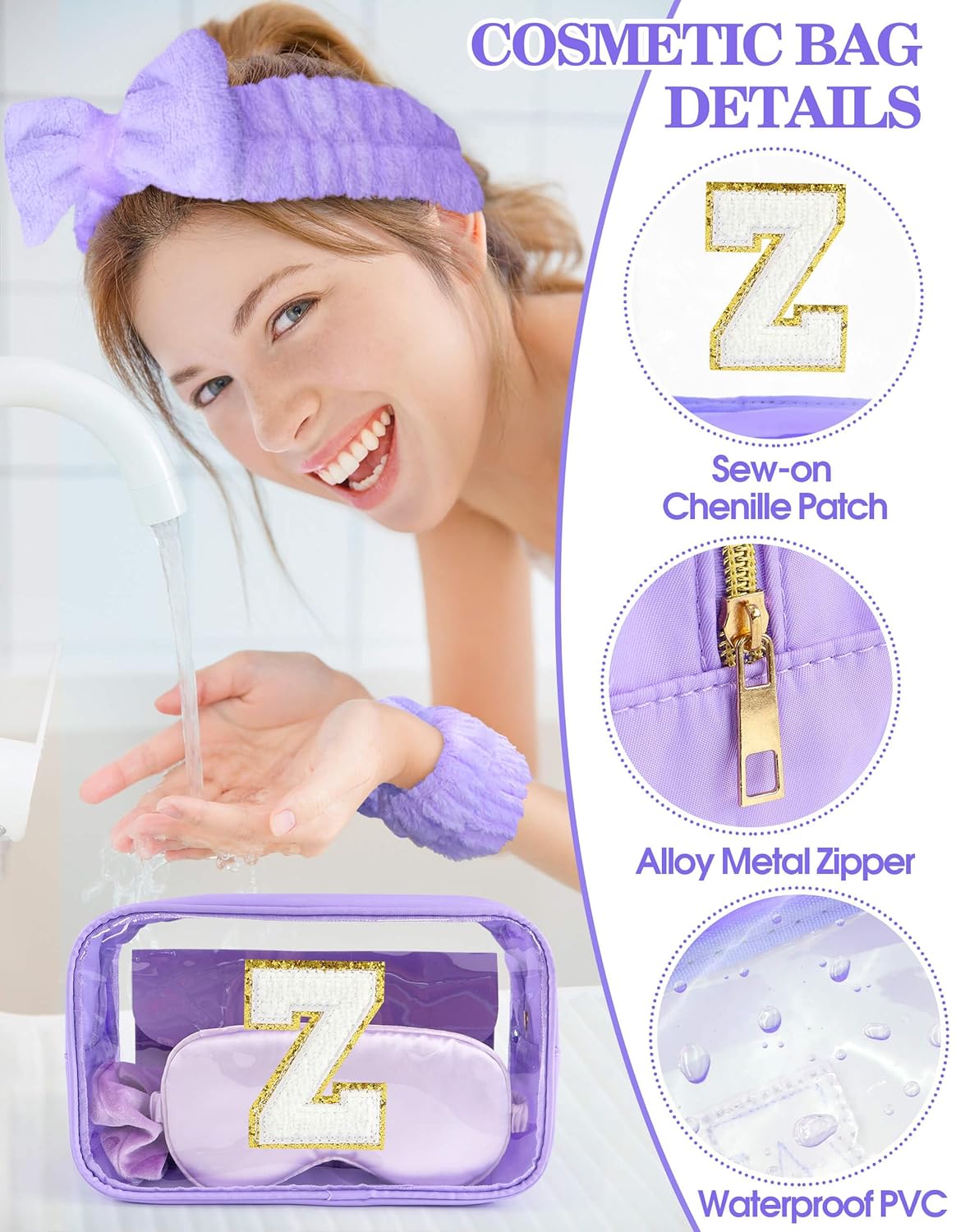 Gift Sets for Women, Initial Makeup Bag with Makeup Brush Set Bachelorette Party Favors, Purple Spa Kit with Skincare Headbands Wrist Bands Sleepover Party Supplies Gifts for Teen Girls Bridesmaid Z