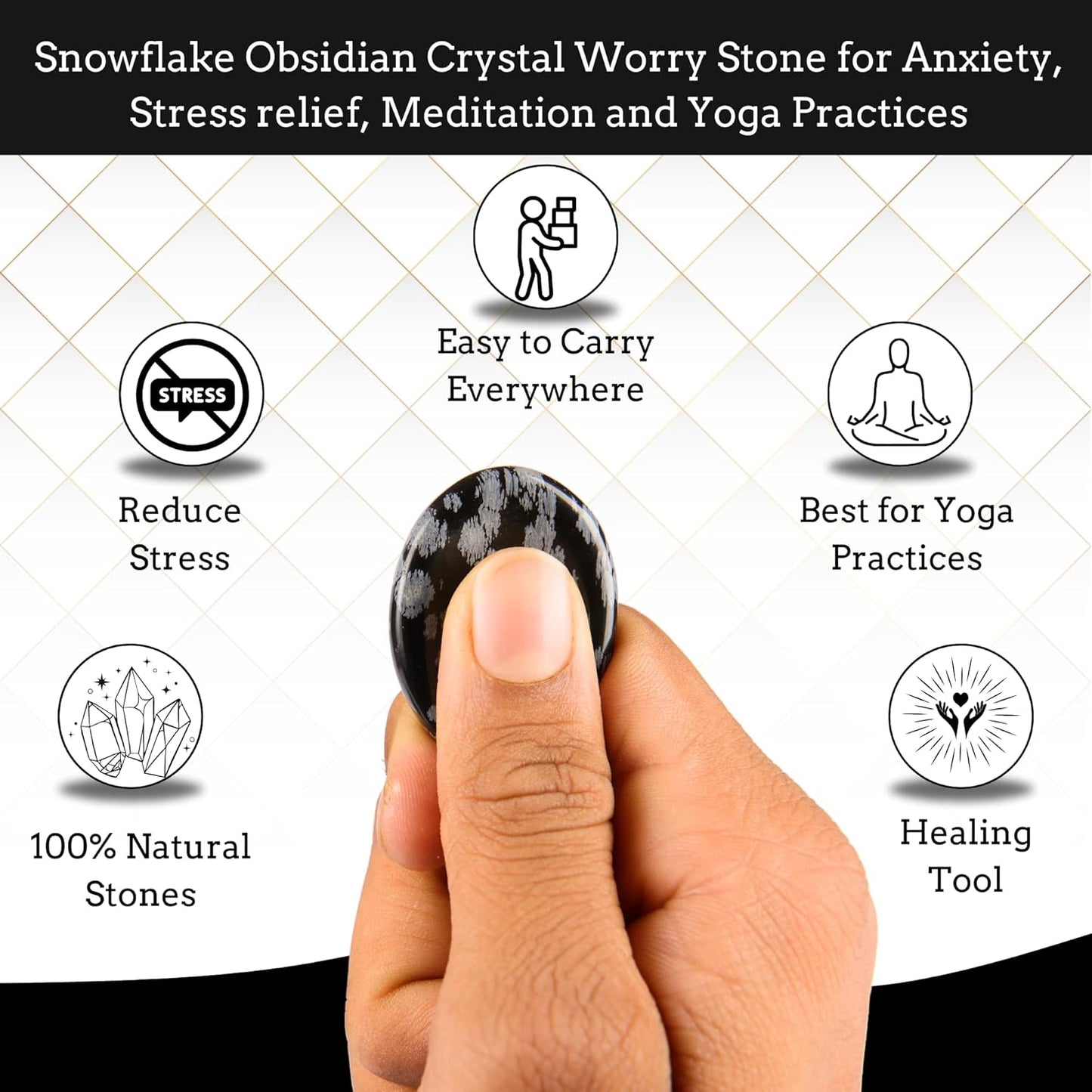 Snowflake Obsidian Worry Stones – Crystal Thumb Worry Stone for Anguish, Stress – Relaxing & Soothing Balance Stones for Meditation, Healing Stones & Crystals for Men, Women