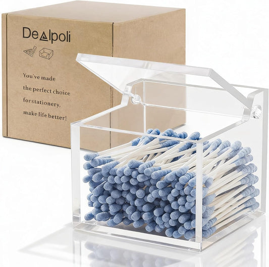 Clear Acrylic Qtip Holder With Lid Cotton Balls Swab Organizer,Square Q Tip Storage, Floss Picks, Bath Salts, Cotton Wab Holder,Home Bathroom Decor (DP011)