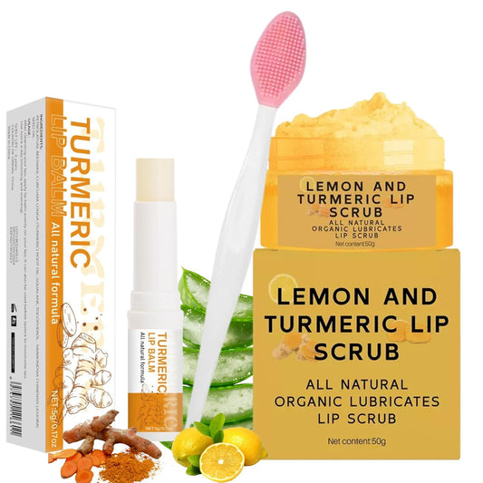 3PCS Turmeric and Lemon Lip Scrub & Turmeric Lip Balm with Brush Set, Eliminate Lip Fine Lines, Lip Scrubber Exfoliator, Natural Nourish Sugar Lip Scrub for Dry, Dull Chapped, Dark Lips