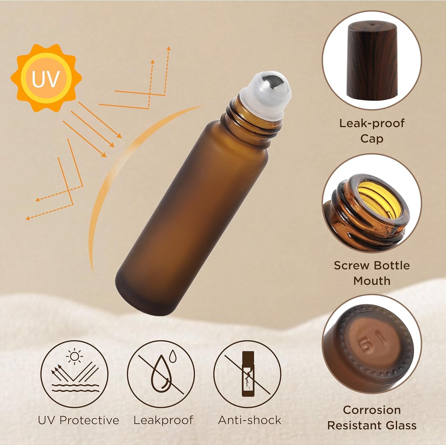Essential Oil Roller Bottles, 10ml Thick Glass Perfume Roller Bottles with Funnel Opener and Dropper Amber Glass Empty Bottles with Stainless Steel Roller Balls (Amber, 4 Pack)