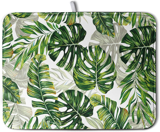 Tropical Palm Leaves Dish Drying Mat for Kitchen Counter 18x24 Inch, Green Monstera Kitchen Drying Mat,Watercolor Herbs Dishes Pad Dish Drainer Rack Mats Absorbent Fast Dry Kitchen Accessories