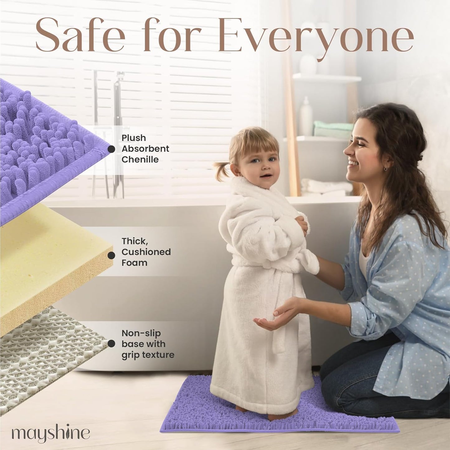 MAYSHINE Plush Shaggy Chenille Bath Mat | Extra Soft, Super Absorbent, Non-Slip Bathroom Rug | Fluffy Microfiber, Area Rug Sets for Bathroom Floor, Kitchen, Living Room | 47"x27" | Lavender