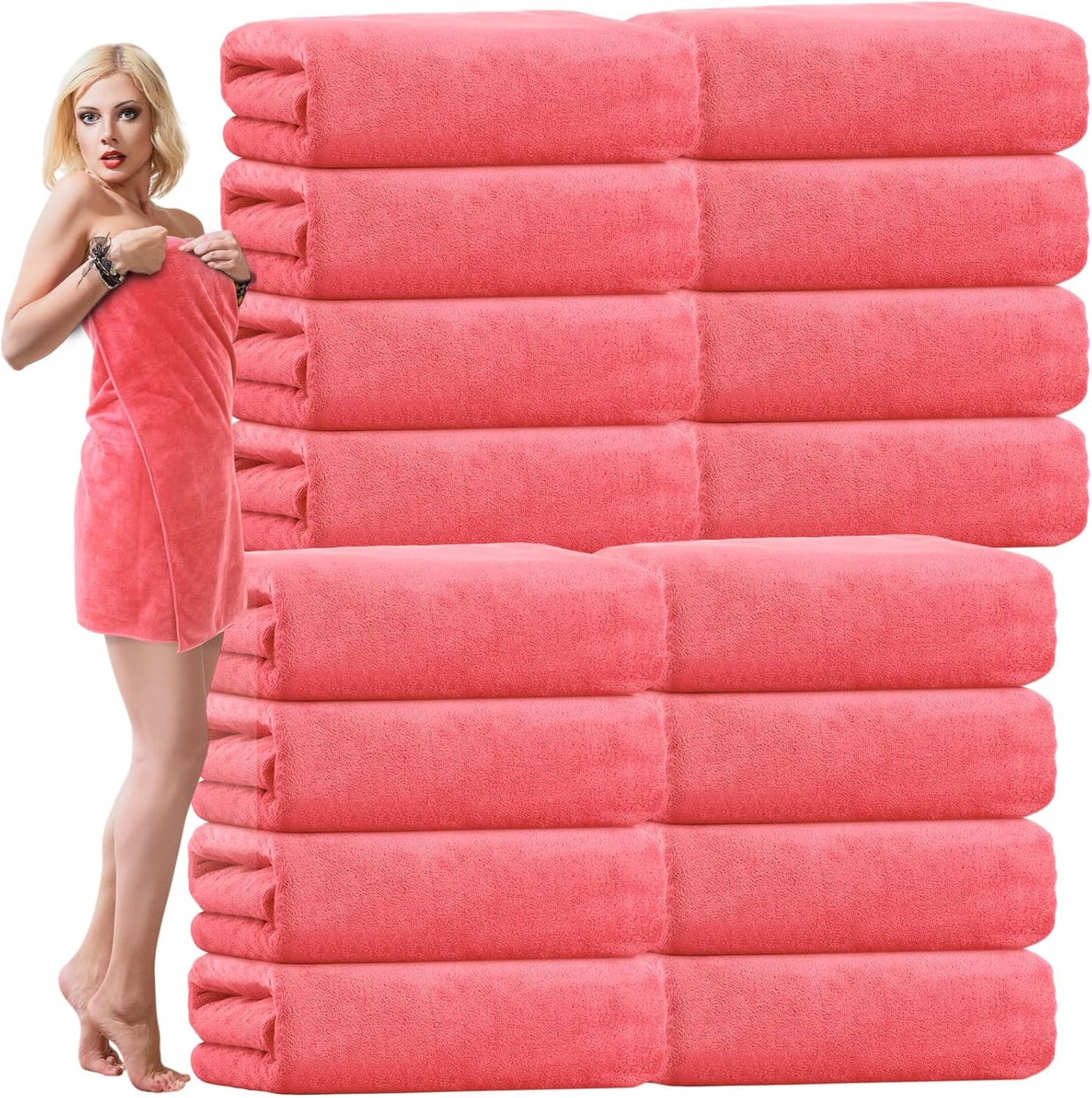 16 Pack Microfiber Bath Towels Bulk 27'' x 60'' Oversized Size Bath Towel Highly Absorbent Extra Large Soft Drying for Shower Beach Salon Winter Sport Spa Gym (Simple,Pink)