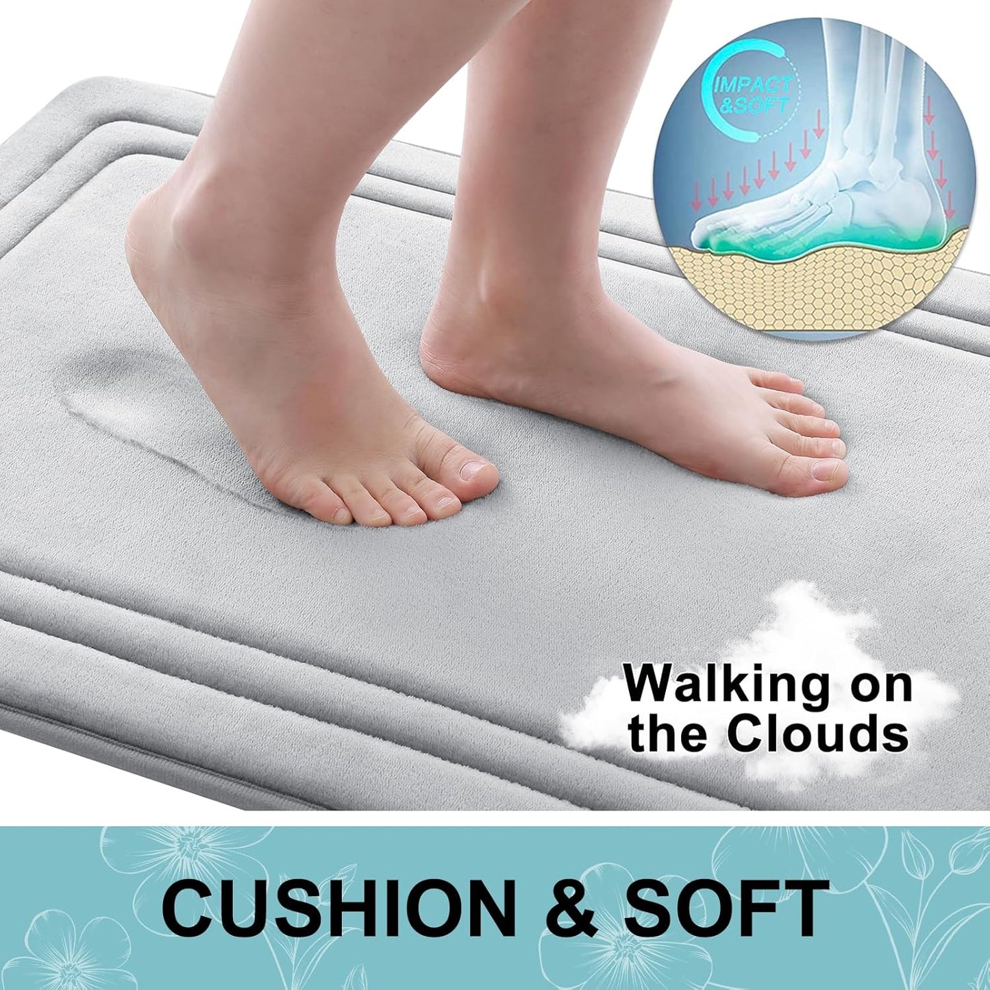 Grandaily Memory Foam Bath Mat Rug 36x24, Ultra Soft, Non-Slip and Absorbent Bathroom Rugs, Machine Wash Dry, Comfortable Bath Carpet for Bathroom Floor, Tub and Shower, Grey