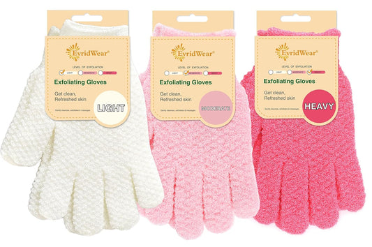 Evridwear Exfoliating Gloves for Shower, 100% Nylon Thick Soft Medium Heavy Bathing Gloves Dead Skin Remover Body Scrubber Smooth Skin with Hang Loop, 3 Pairs