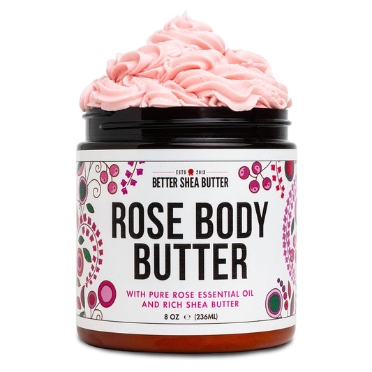 Rose Body Butter for Dry Skin with Whipped Shea Butter and Pure Essential Oil | Ultra Hydrating Rose Lotion for Women | All Natural Moisturizer with No Synthetic Fragrances