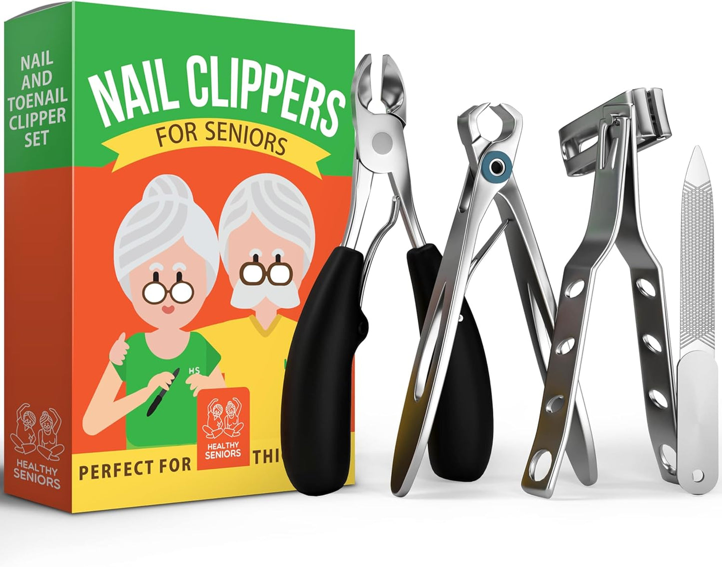 Toenail Clippers for Seniors Thick Toenails - 4-Piece Heavy Duty Nail Clipper Set with Podiatrist Grade Tools, Wide Jaw and Rotating Head Clippers for Elderly Adults