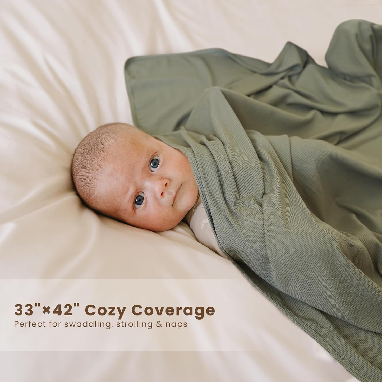 Konssy Knit Baby Blanket 2 Pack, Soft Ribbed Swaddle Receiving Blankets for Boys & Girls, Lightweight Cozy Swaddling Wrap for Newborns, Infants, & Toddlers, 33x42 Inch (Beige, Sage)