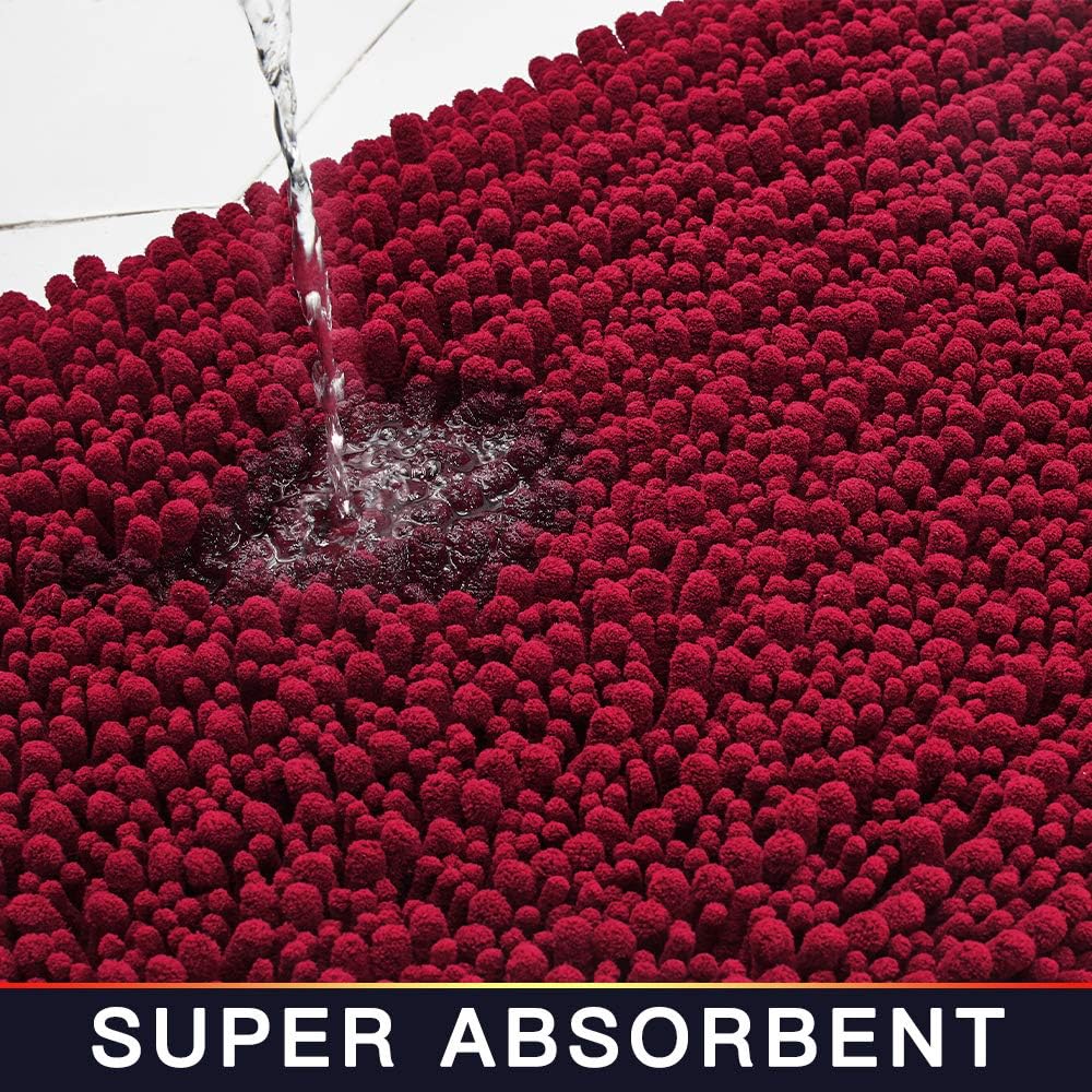 Walensee Bathroom Rug Non Slip Bath Mat (24x17 Inch Red) Water Absorbent Super Soft Shaggy Chenille Machine Washable Dry Extra Thick Perfect Absorbant Best Small Plush Carpet for Shower Floor