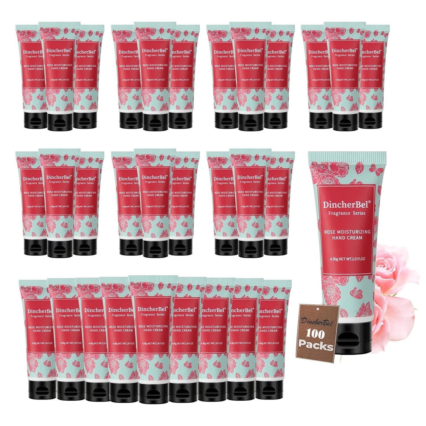 DincherBel 100 Pack Rose Moisturizing Hand Cream Set - Travel Size Non-Greasy Hand Lotion Set for Dry Skin, Instant Moisturizing Hand Cream for Women, 1.0 oz/30 ml