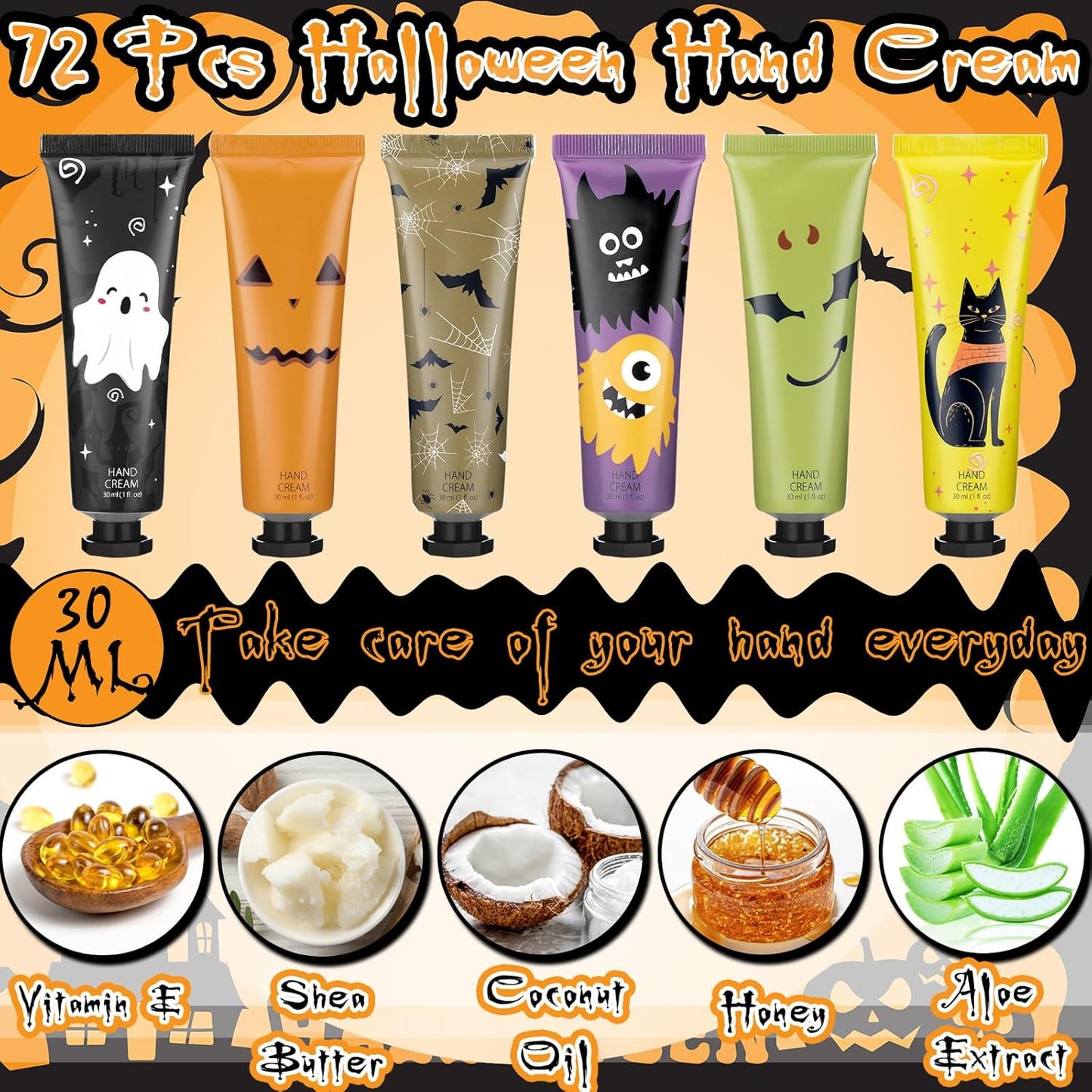 72 Pack Halloween Hand Cream Gift Sets for Women Ghost Mini Hand Lotion Bulk Travel Size Moisturizing Cream Halloween Party Favors Gifts for Stocking Stuffers 6 Natural Plant Fragrances