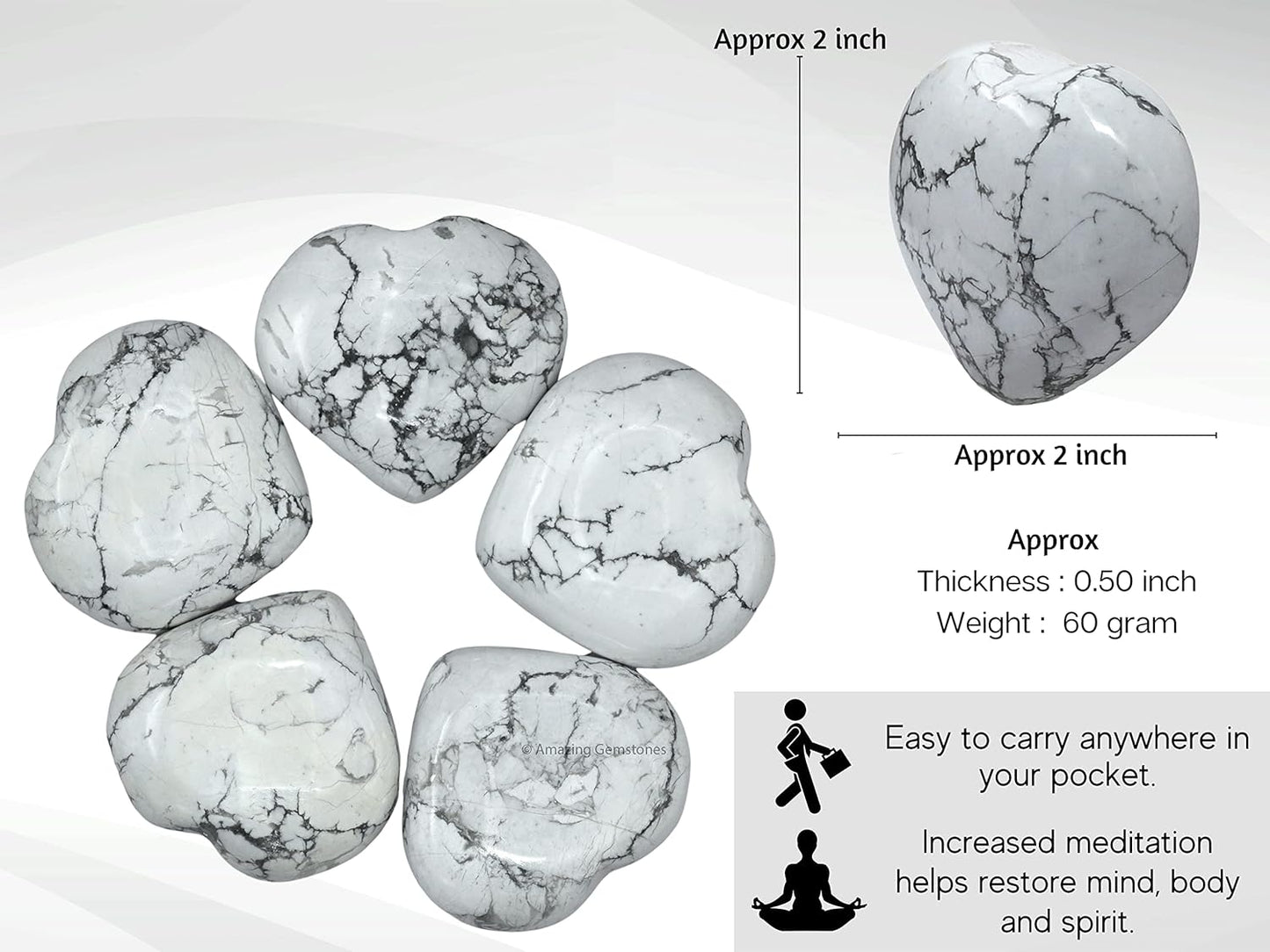 Howlite Crystal Heart Palm Stone - Pocket Massage Worry Stone for Natural Body Chakra Balancing, Reiki Healing and Crystal Grid