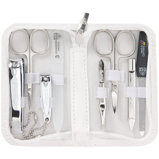 3 Swords Germany - brand quality 8 piece manicure pedicure grooming kit set synthetic leather case white - Made in Germany