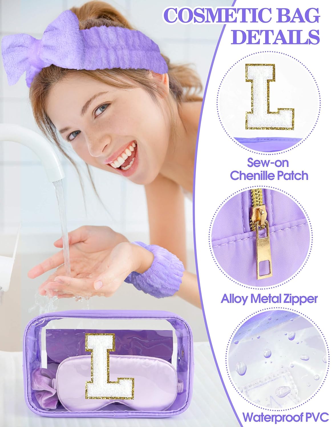 Gift Sets for Women, Initial Makeup Bag with Makeup Brush Set Bachelorette Party Favors, Purple Spa Kit with Skincare Headbands Wrist Bands Sleepover Party Supplies Gifts for Teen Girls Bridesmaid L