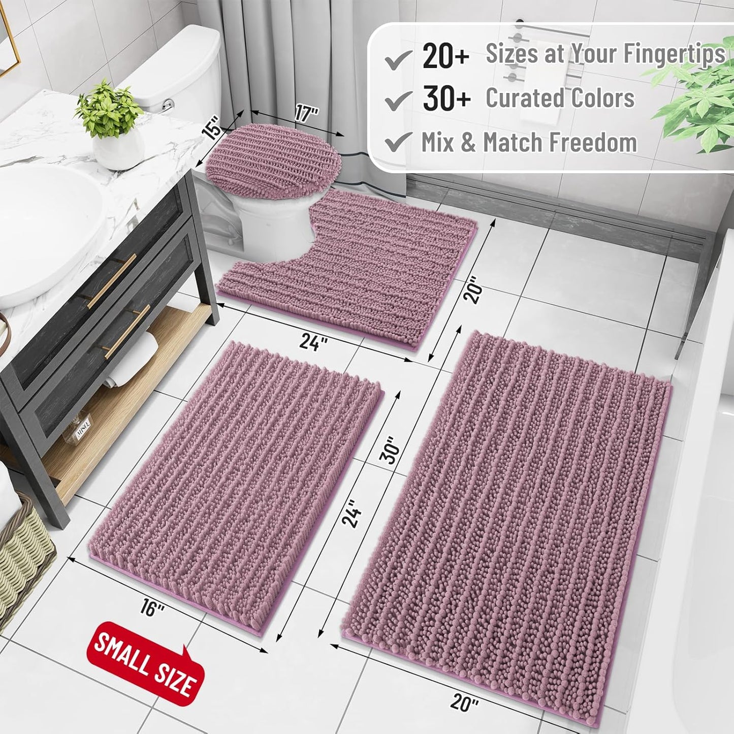 Arotive Luxury Chenille Bathroom Rug Mat, Extra Soft Thick Absorbent Shaggy Bath Rugs, Non-Slip Machine Wash Dry, Plush Bath Mats for Bathroom, Shower and Tub, 34x21, Deep Plum