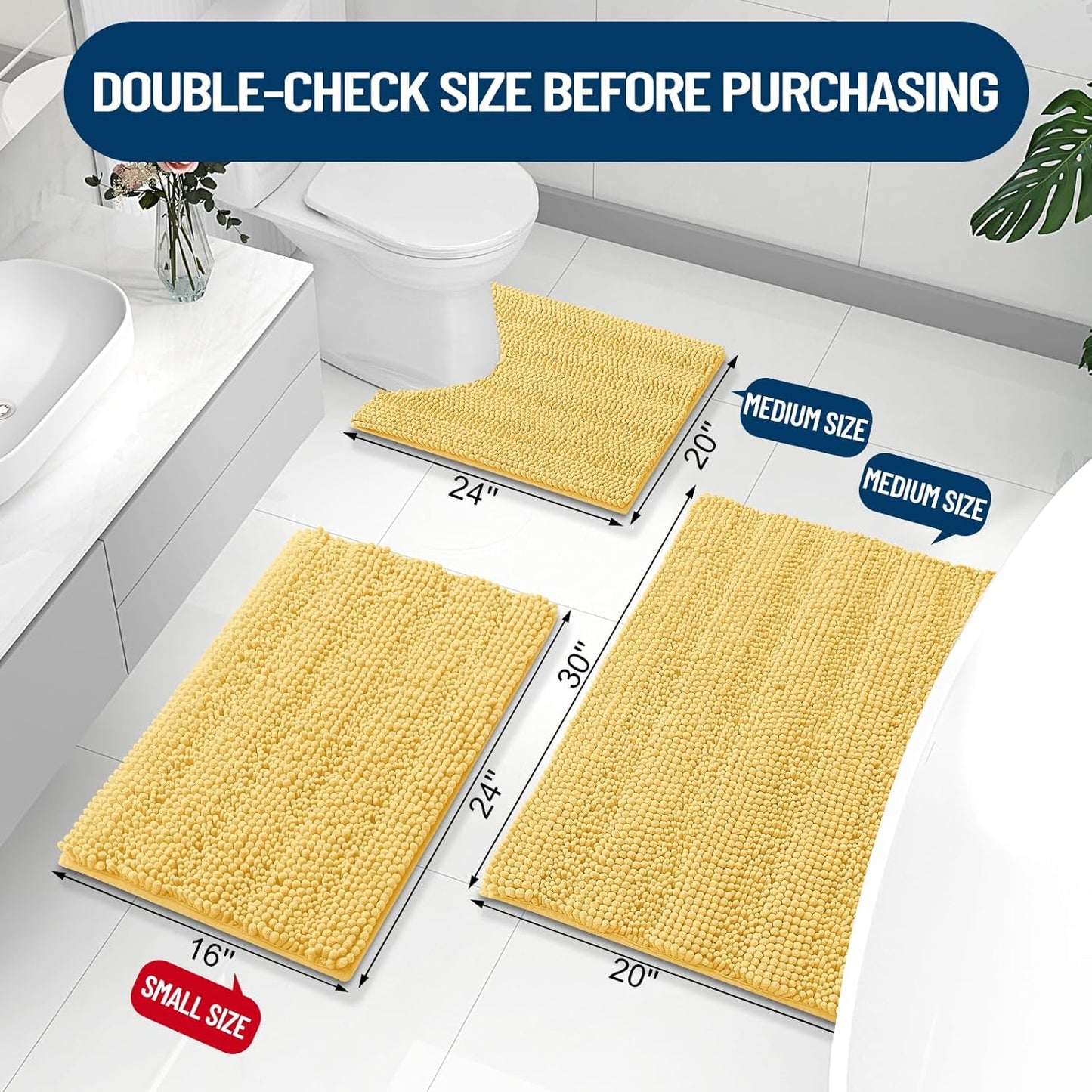 Grandaily Chenille Striped Bathroom Rugs 59x20, Extra Thick and Absorbent Bath Mats, Non-Slip Soft Plush Shaggy Shower Carpet, Machine Wash Dry, Bath Rug for Bathroom, Yellow