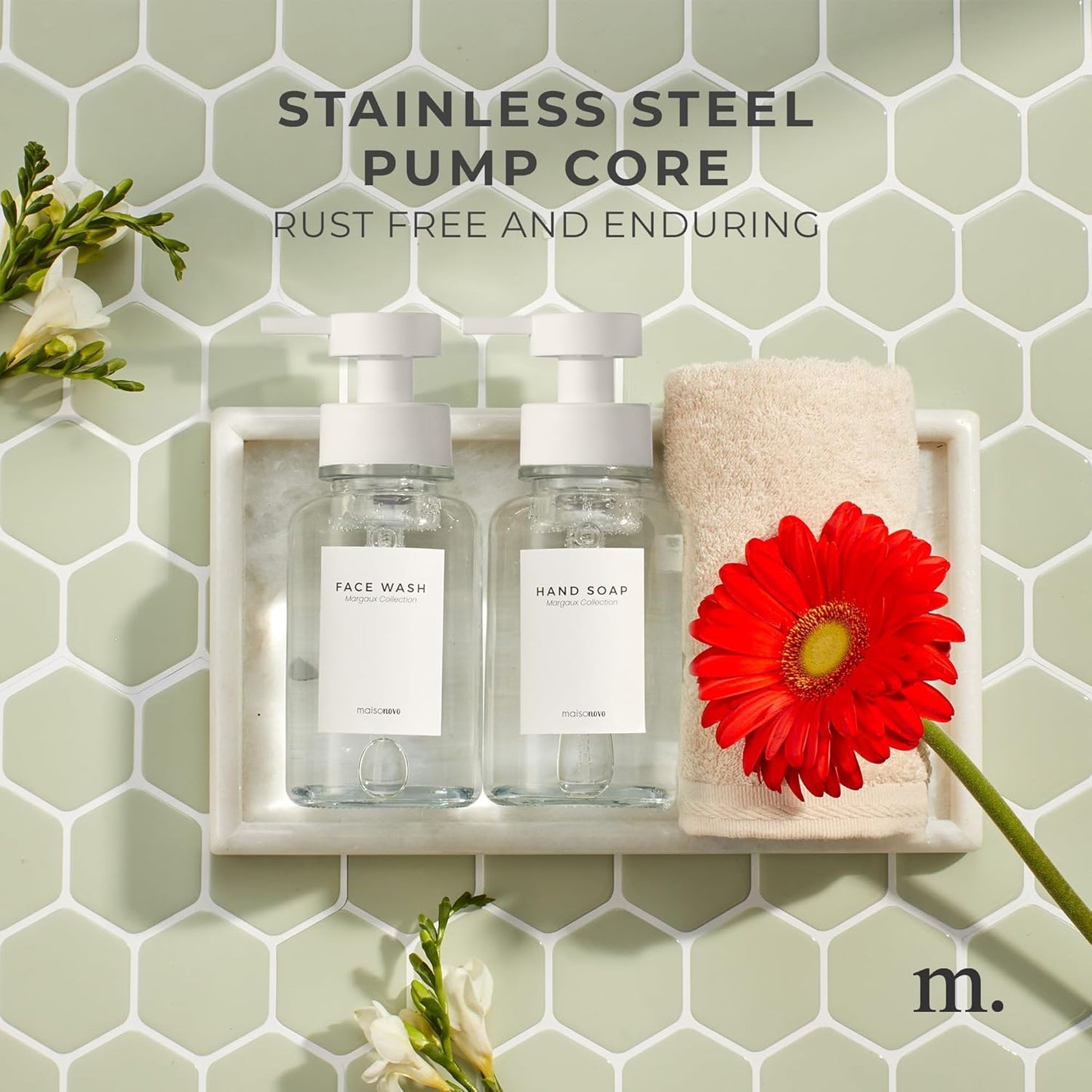 MaisoNovo Glass Foaming Soap Dispenser 14 Oz | Clear Glass White Pumps x 2 with Tray